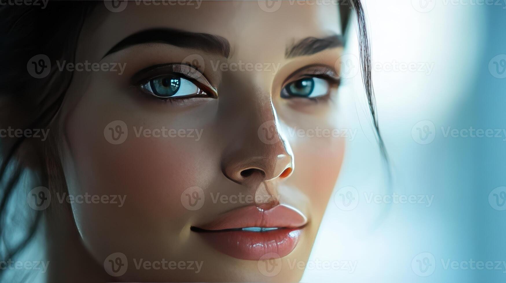 A young woman gazes thoughtfully, illuminated by gentle sunlight streaming in photo