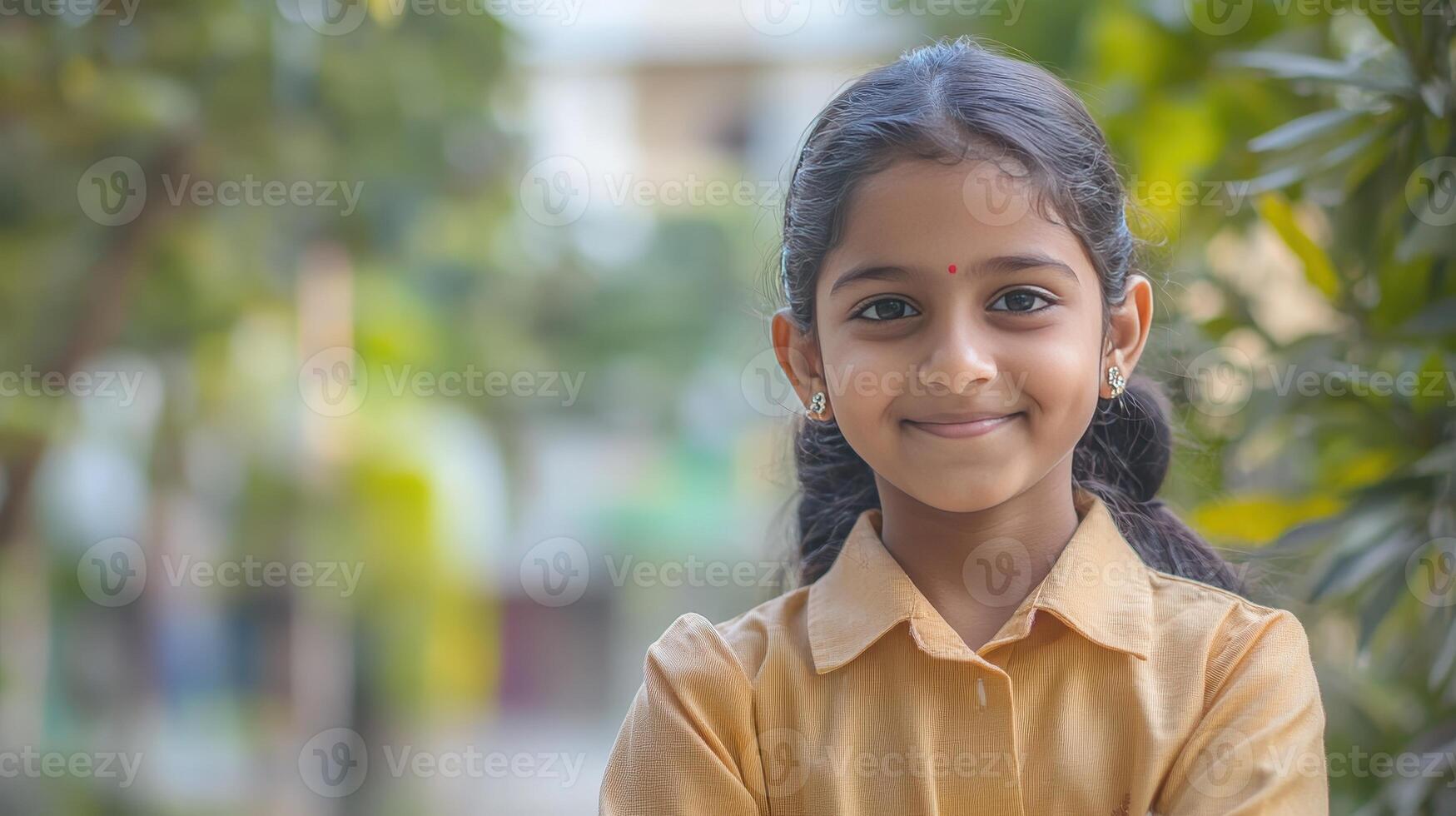 A cheerful girl with a friendly smile enjoys the beauty around her photo