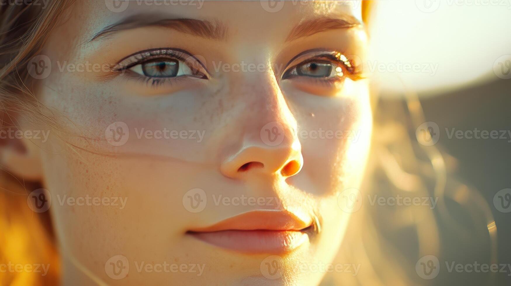 A young woman reflects quietly as the sun sets, illuminating her features photo