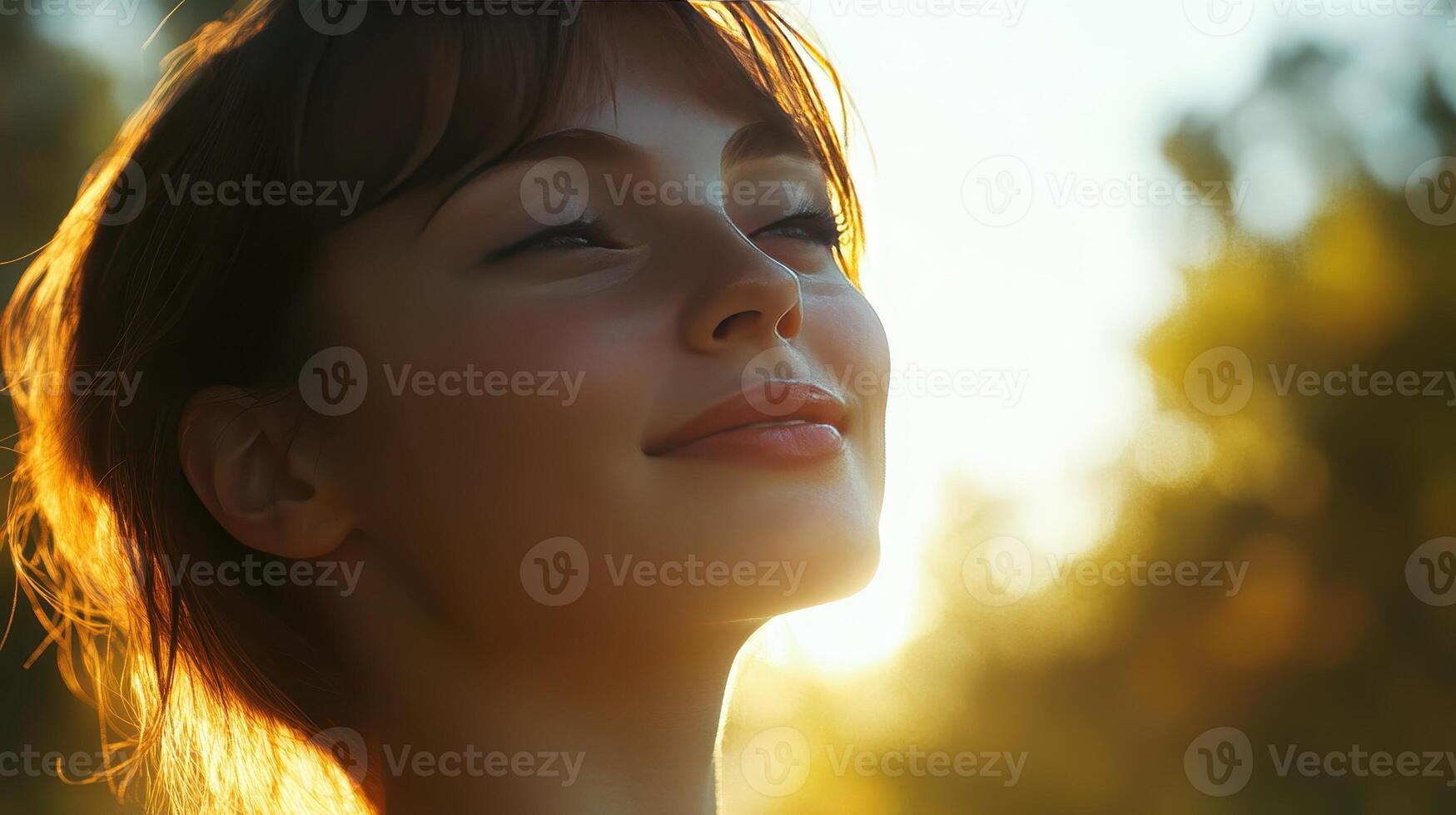 A young woman basks in the warm glow of sunset, lost in peaceful thoughts photo