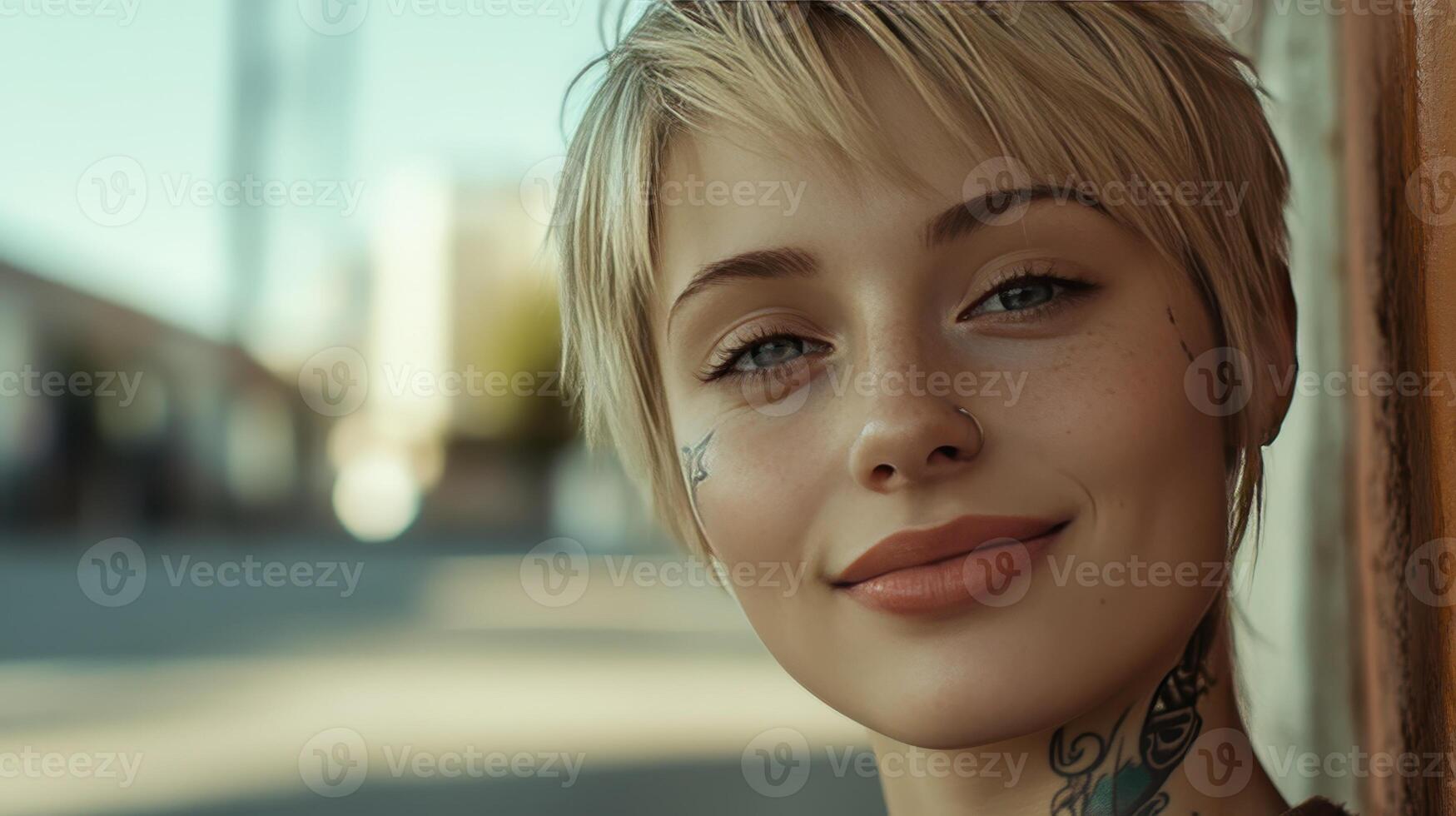 A confident woman radiates joy against a vibrant city backdrop photo