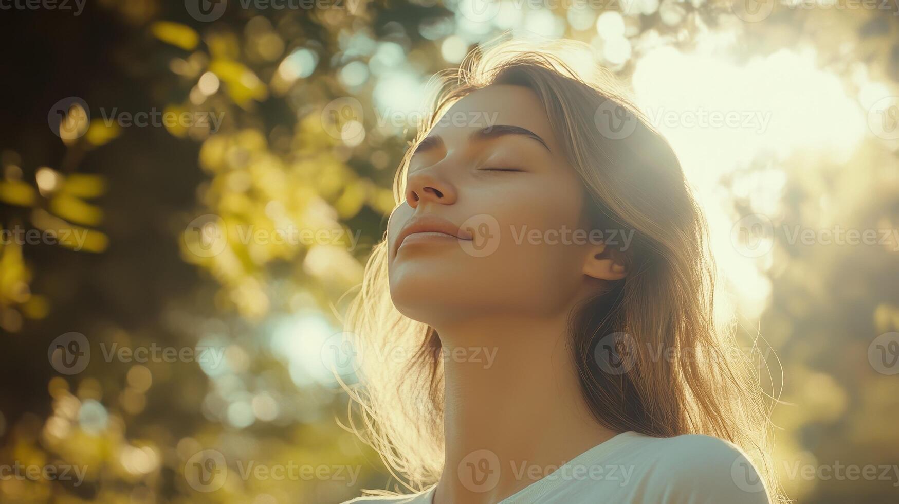 A woman breathes deeply, relishing the warmth of sunlight amongst lush greenery photo