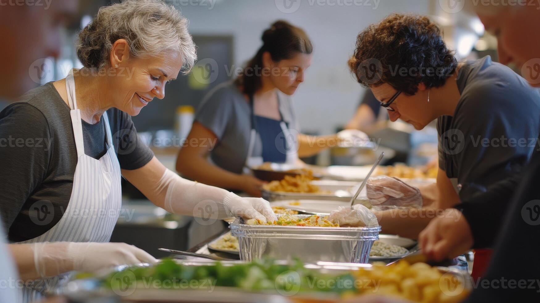 Volunteers collaborate to create nutritious meals for those in need at a busy kitchen photo
