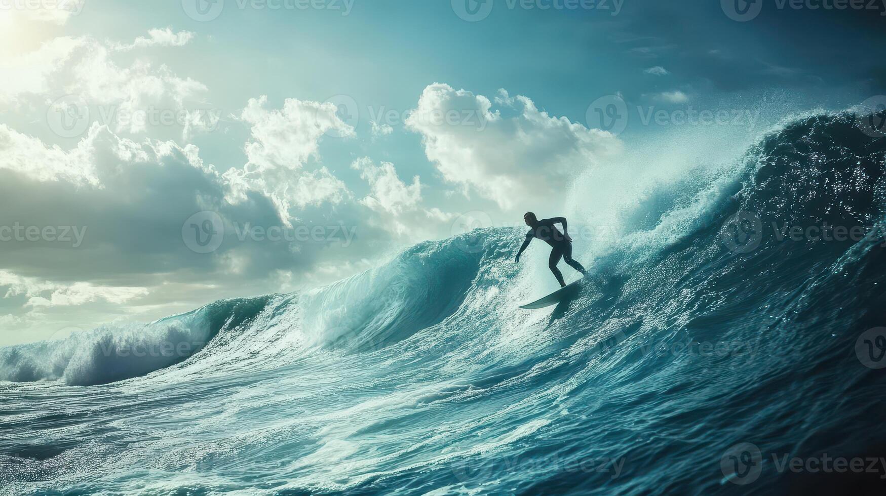 A surfer skillfully navigates a powerful wave as the sun sets photo