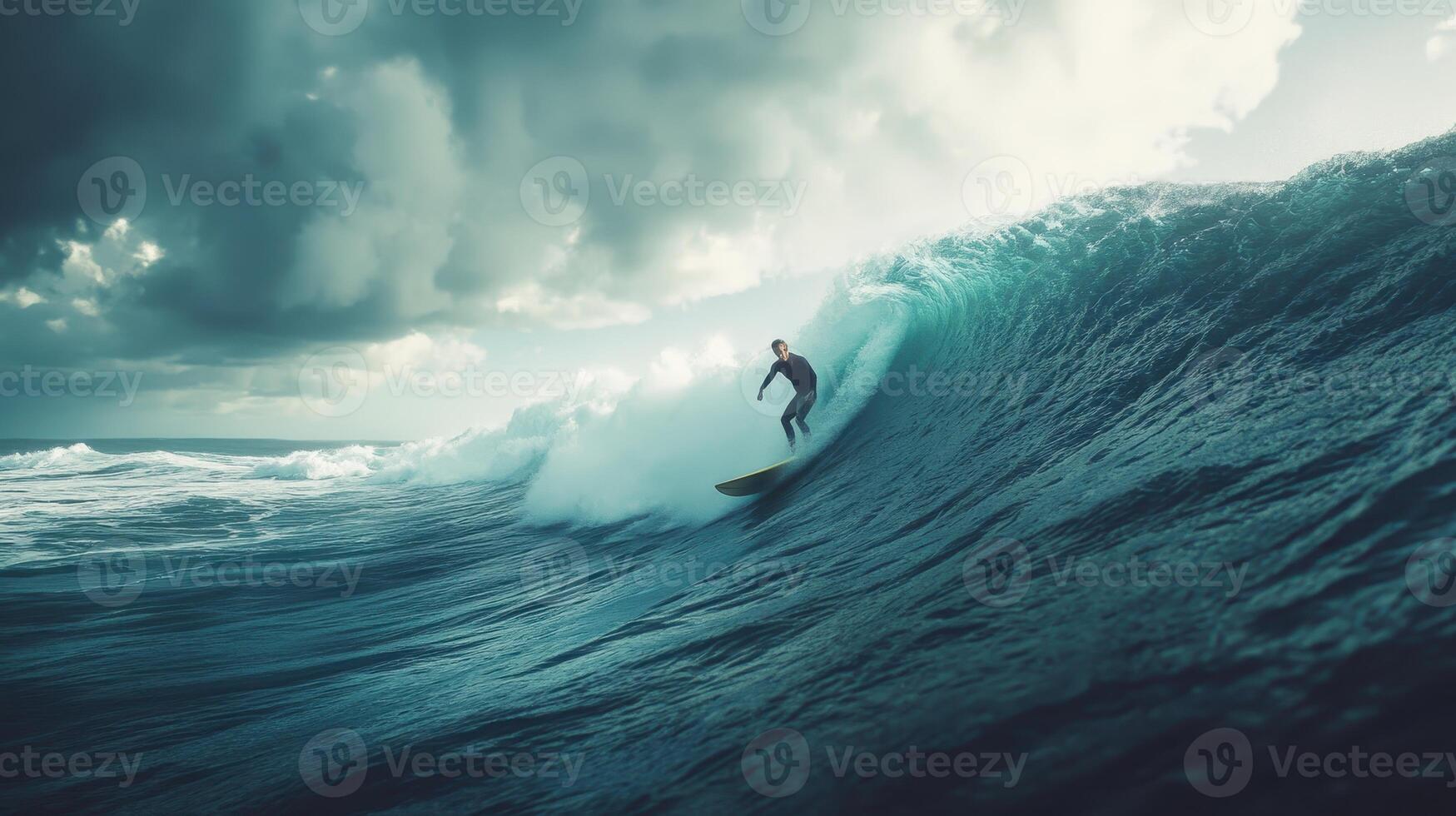 A surfer skillfully carves through a towering ocean wave at sunset photo