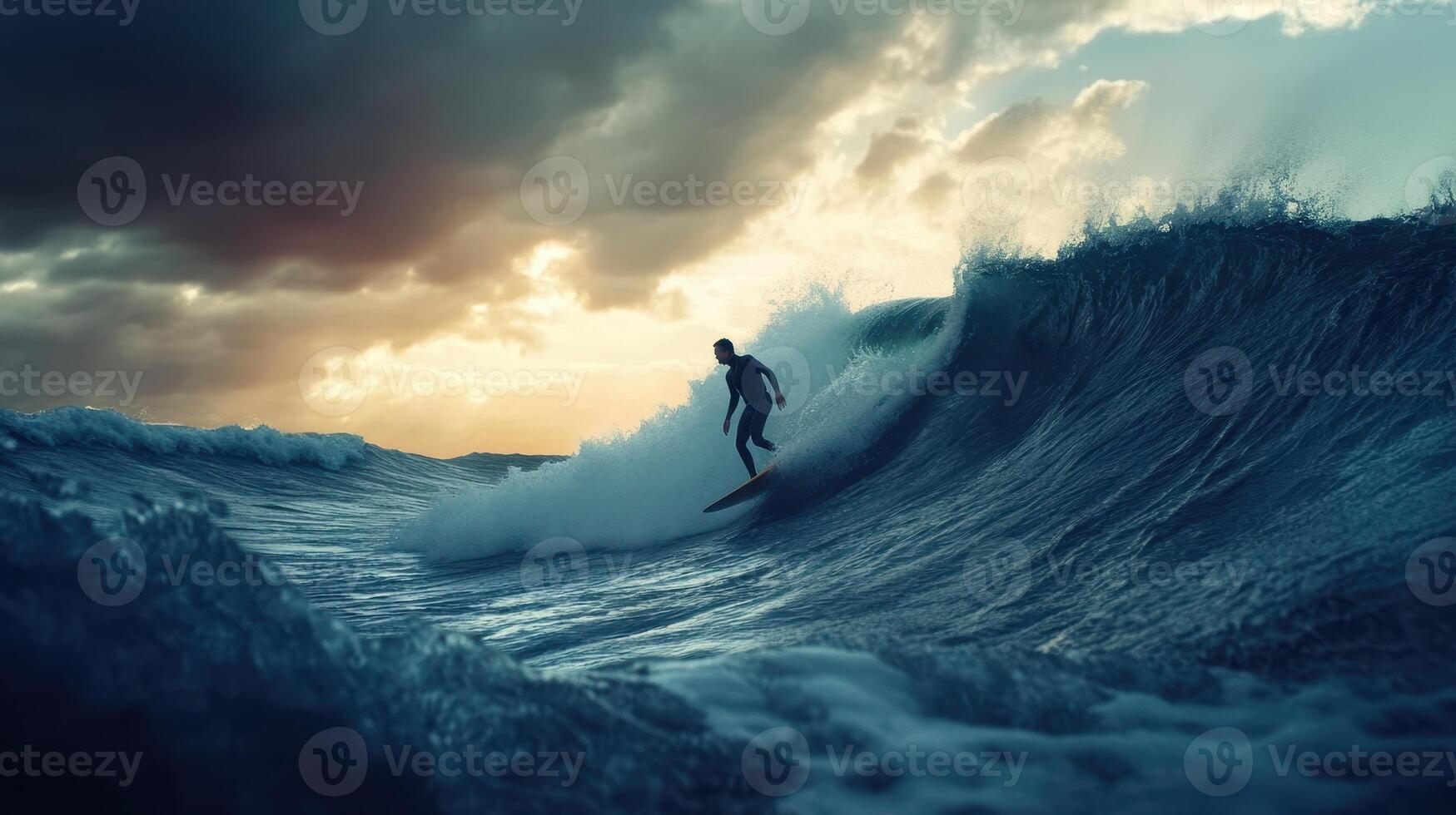 A lone surfer navigates towering waves as the sun sets photo