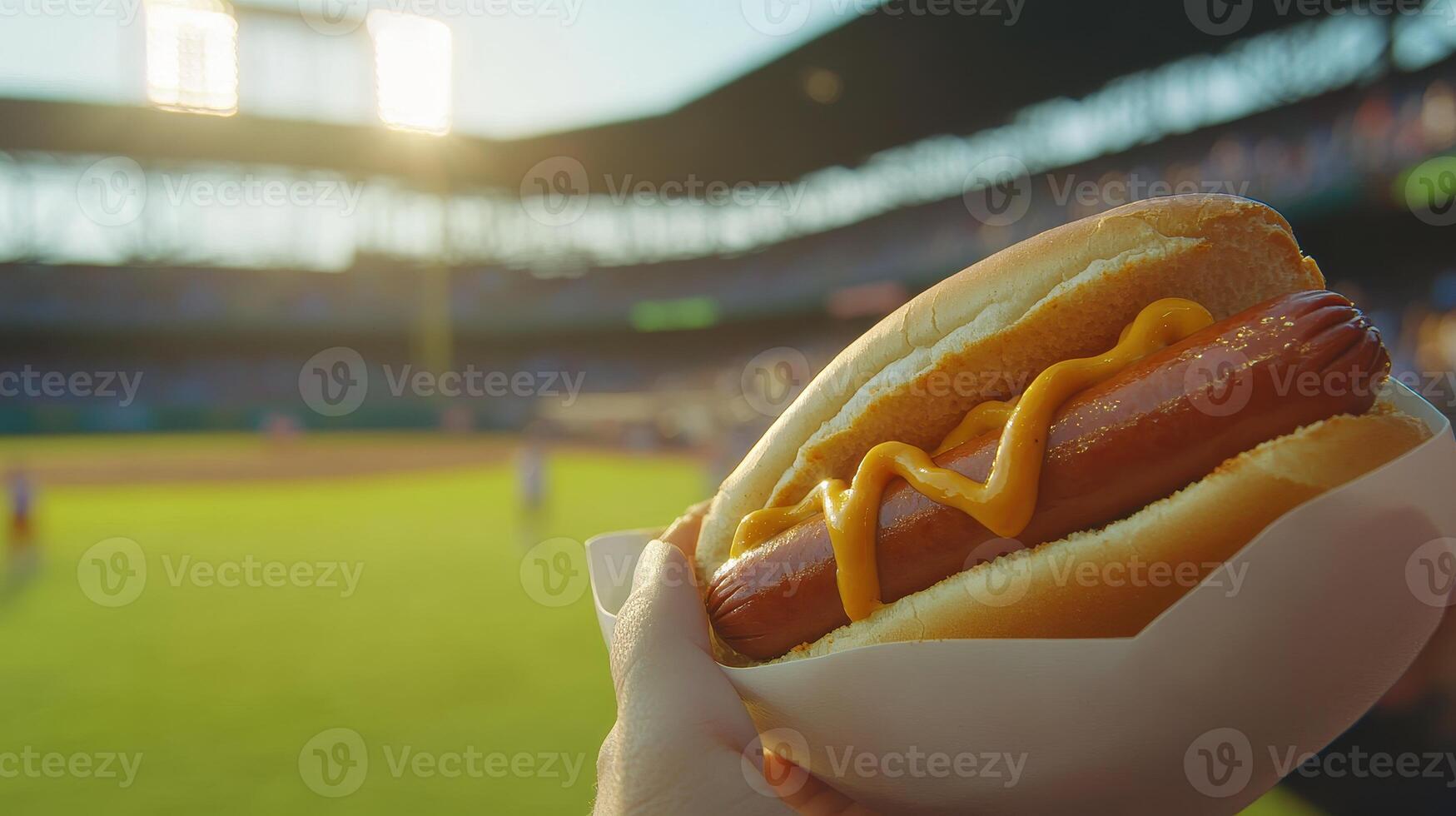Savoring a hot dog while cheering for the team at a lively stadium photo