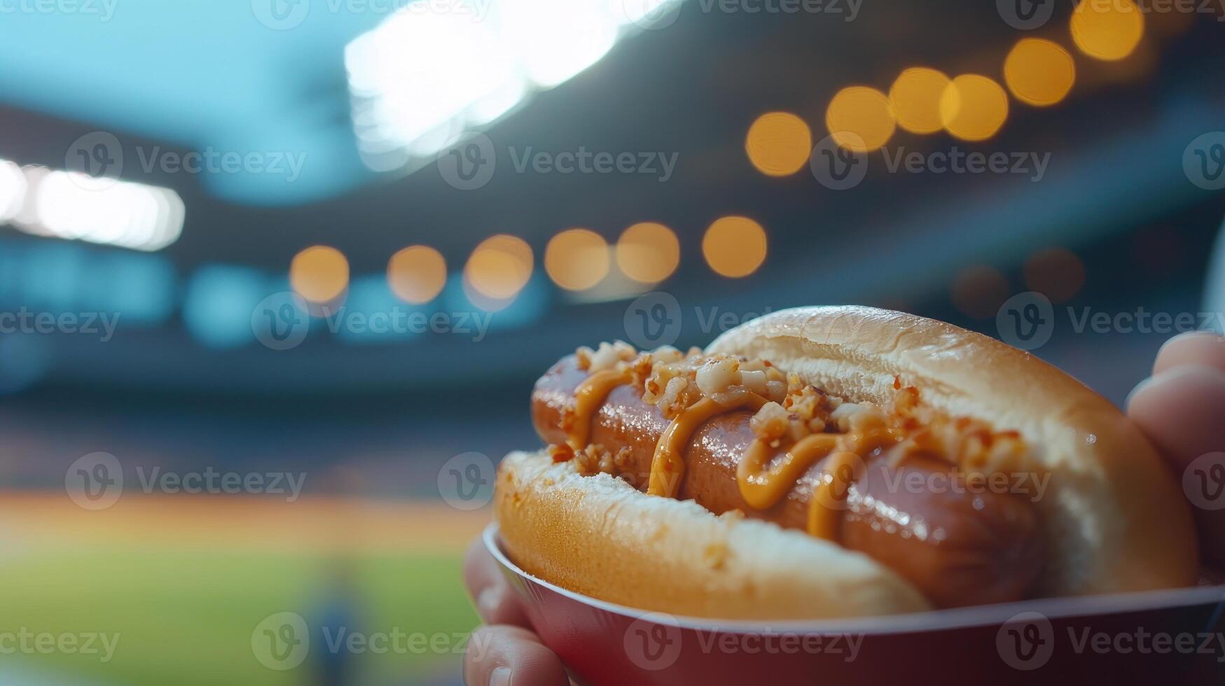 A hand holds a flavorful hot dog, ready to be enjoyed at the ballpark photo
