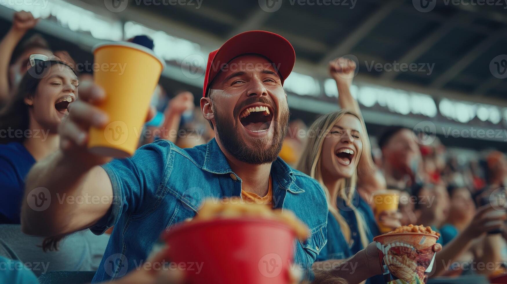 Fans cheer joyfully while enjoying snacks at an exhilarating game photo