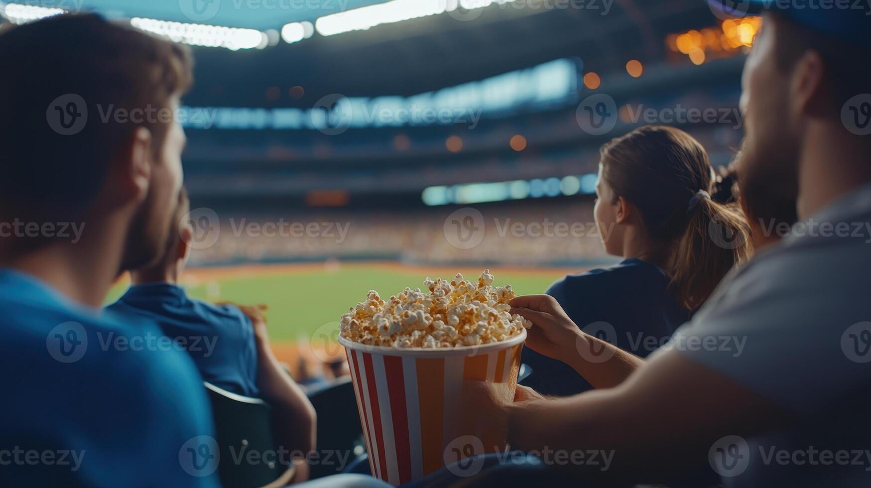 Friends cheer together, sharing laughs and popcorn while watching a live game photo