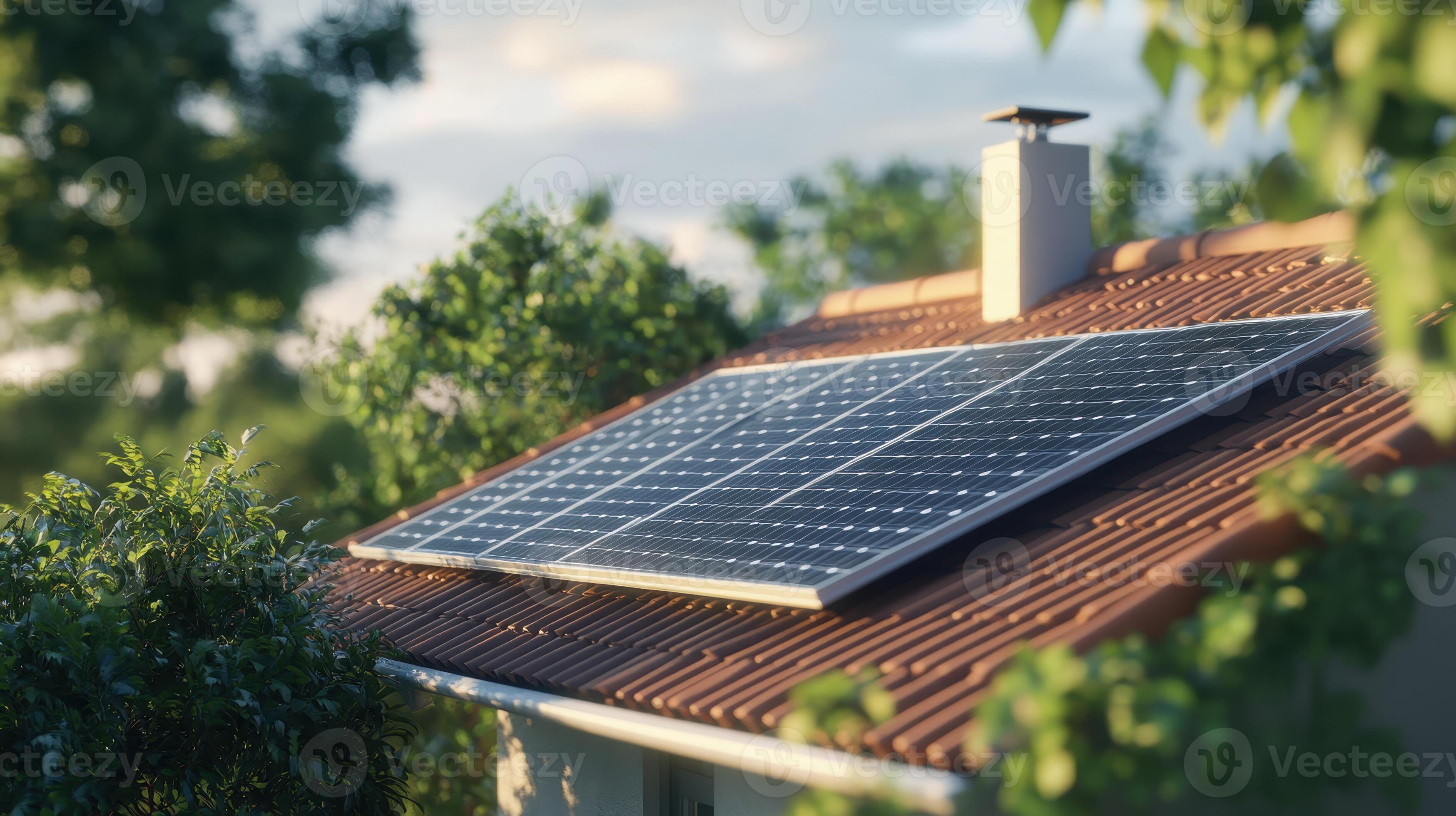 Rooftop solar panels collect sunlight while greenery surrounds the peaceful  home 48825330 Stock Photo at Vecteezy