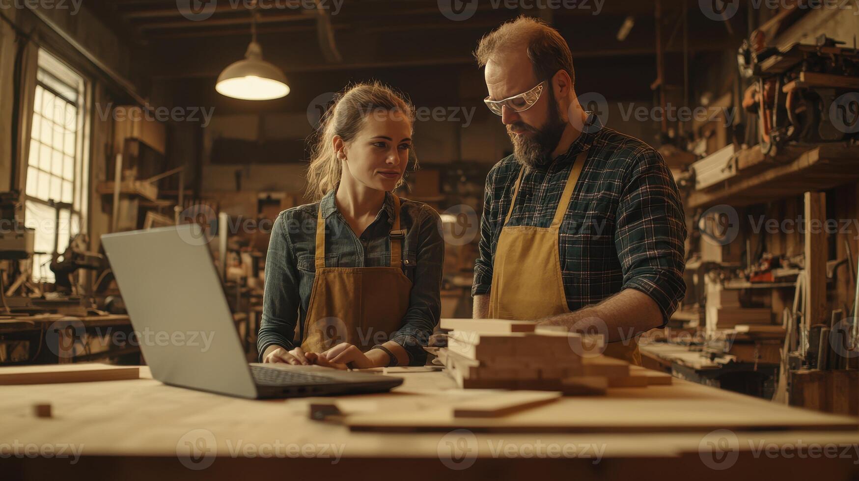 Two artisans collaborate on woodwork while discussing designs in a warm workshop photo