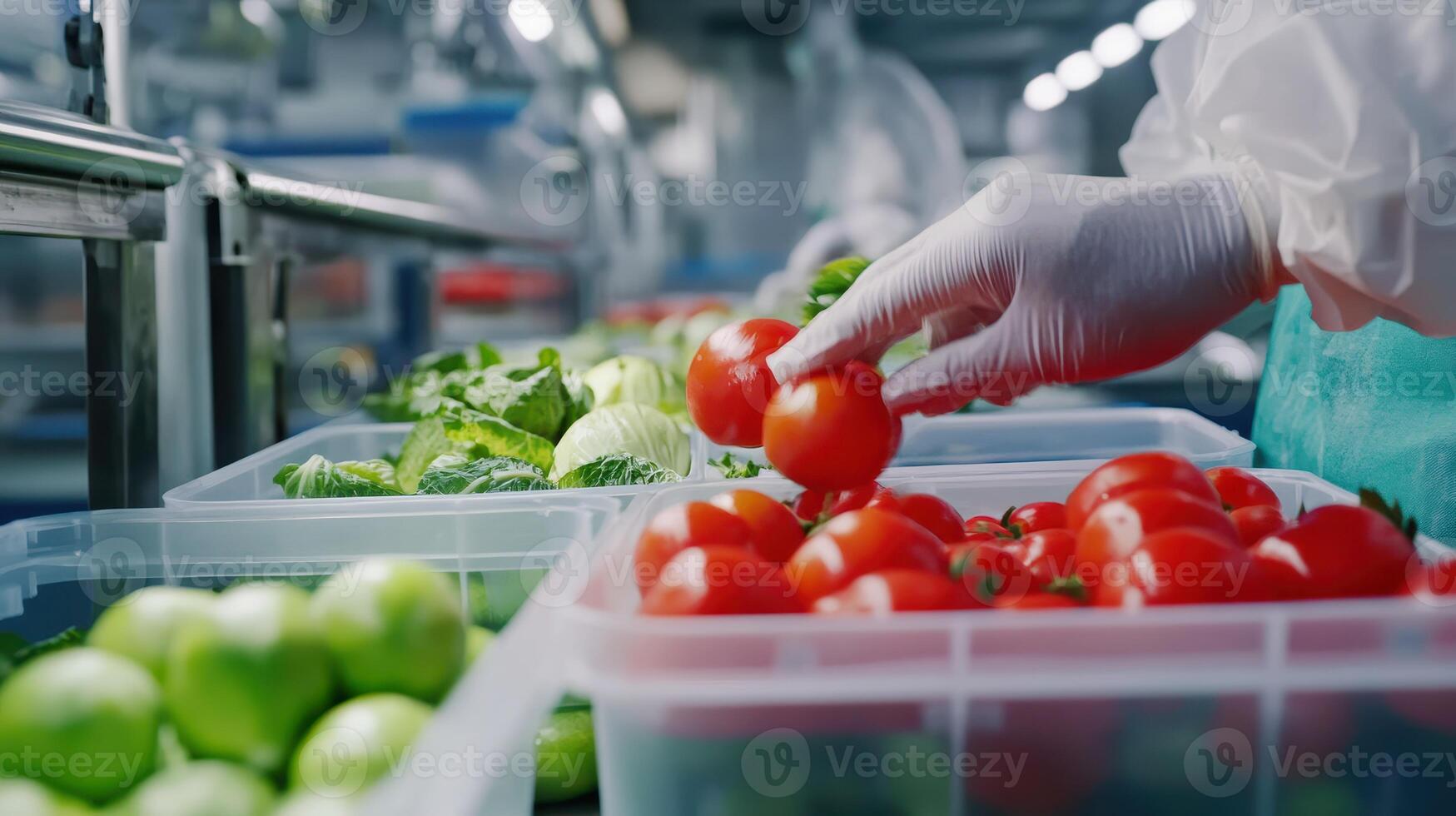 A worker arranges ripe tomatoes among fresh green produce in a bustling setting photo