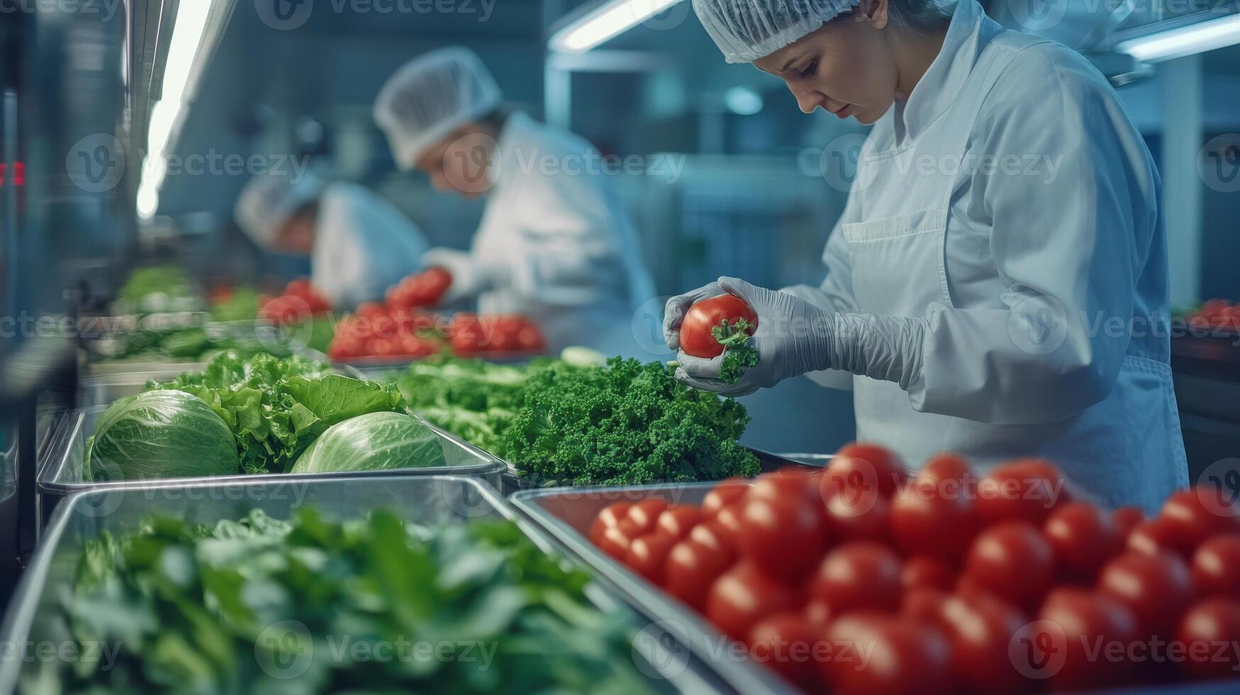 Chefs meticulously prepare vibrant vegetables for a bustling dinner service photo