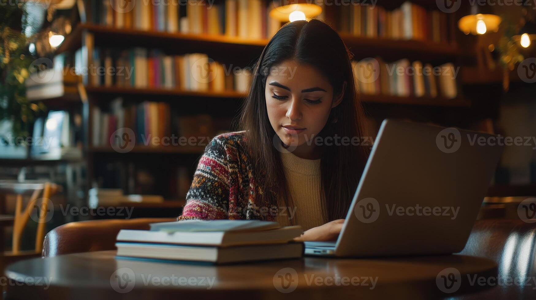 A focused student immersed in her work in a warm library setting photo