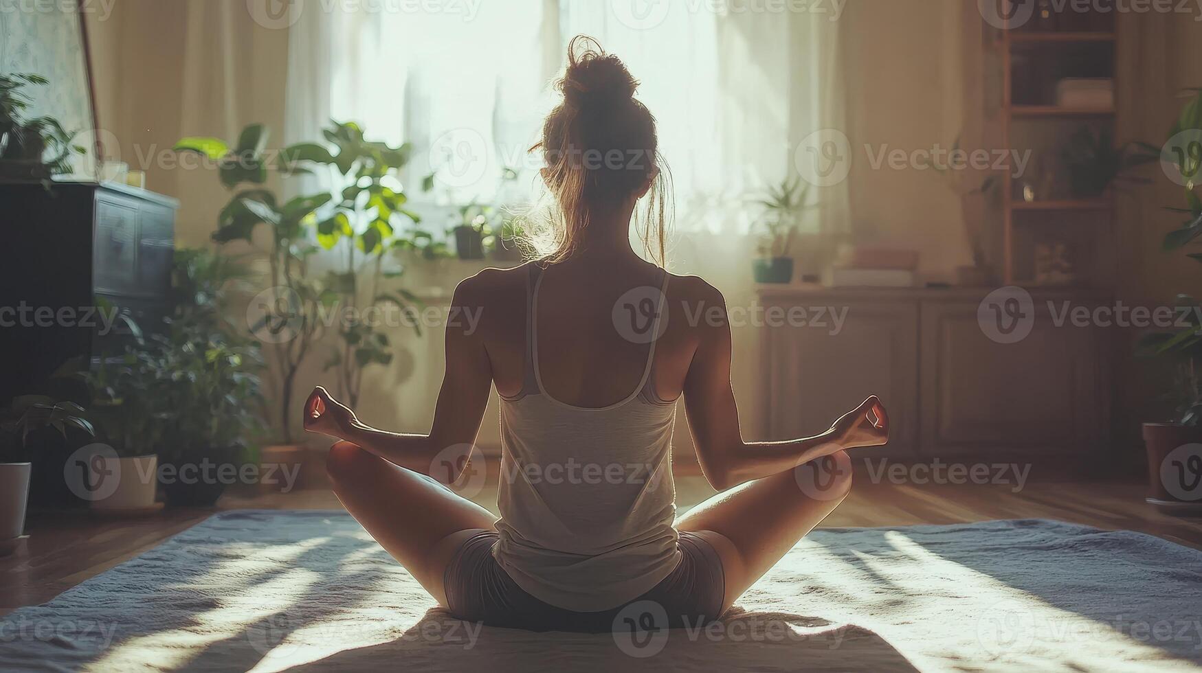Practicing meditation in a tranquil, sun-drenched space filled with greenery photo