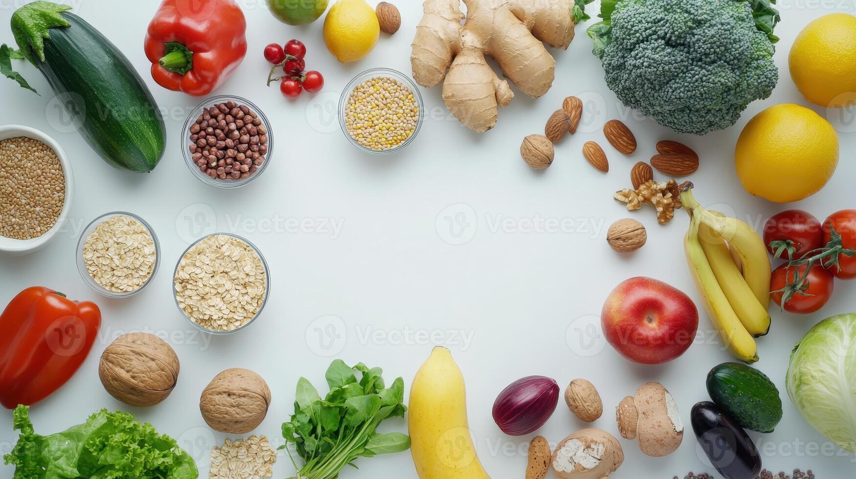 un vistoso arreglo de Fresco vegetales y nueces en un brillante blanco superficie foto