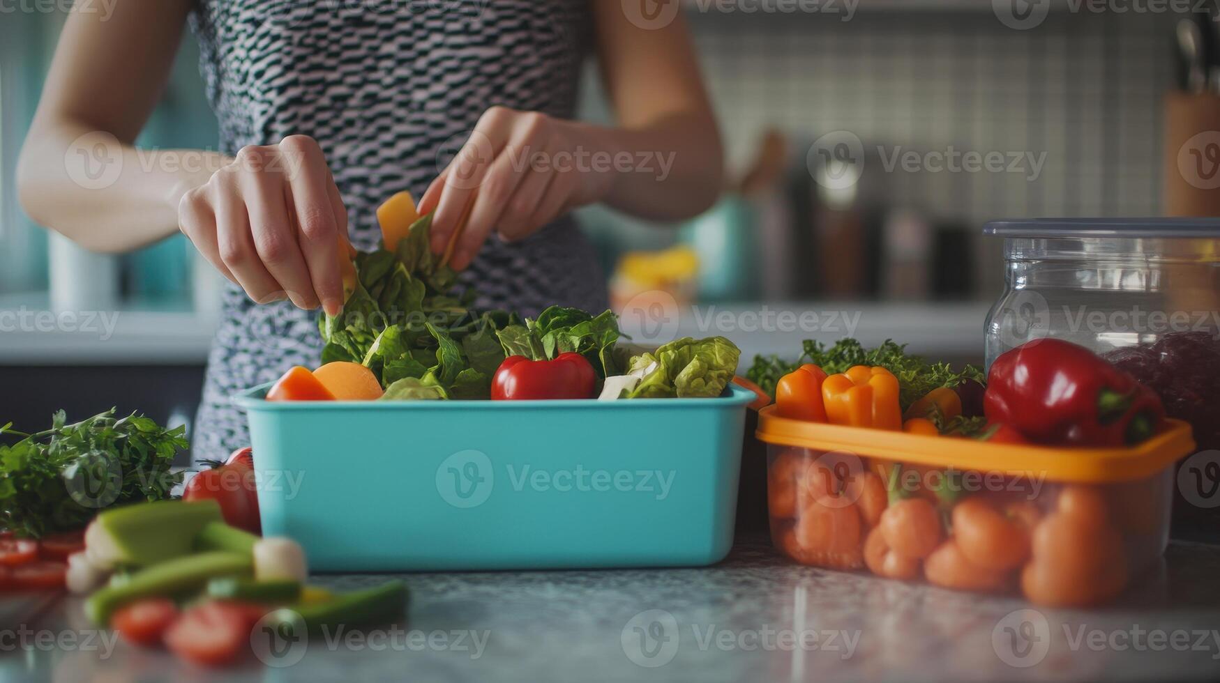 Preparing Fresh Vegetables and Herbs in a Kitchen While Organizing Ingredients for a Healthy Meal photo