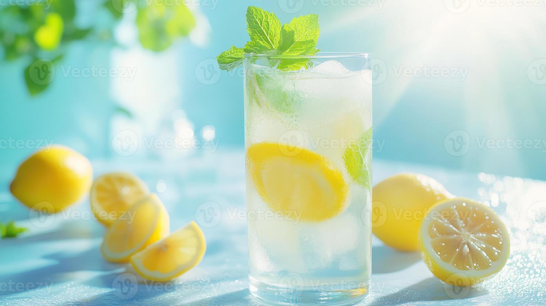 Refreshing Lemonade With Mint Garnish Positioned on Bright Tabletop Surrounded by Freshly Cut Lemons During Summer Afternoon photo