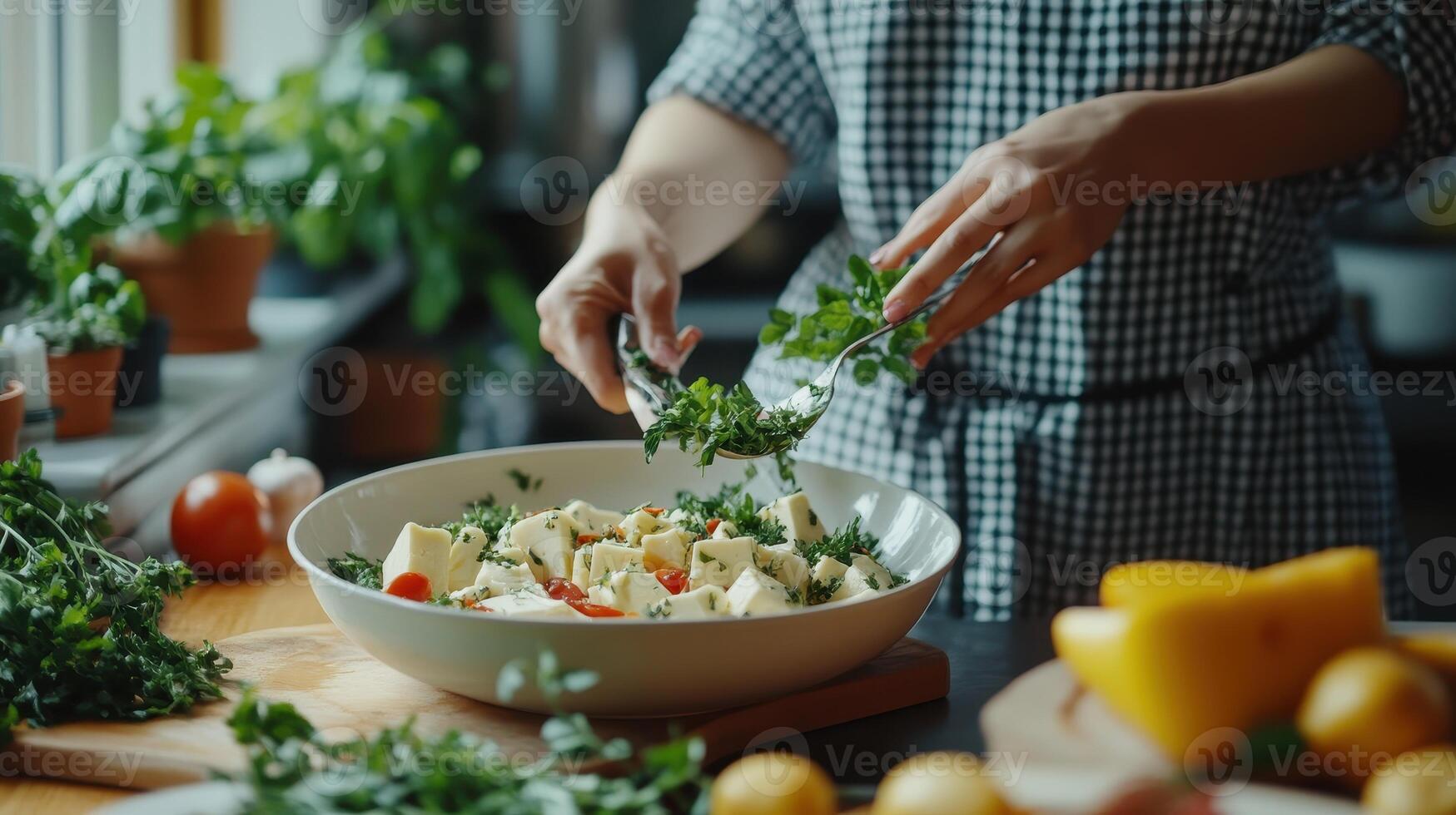 Preparing A Fresh Garden Salad With Herbs, Vegetables, And Cheese In A Cozy Kitchen photo