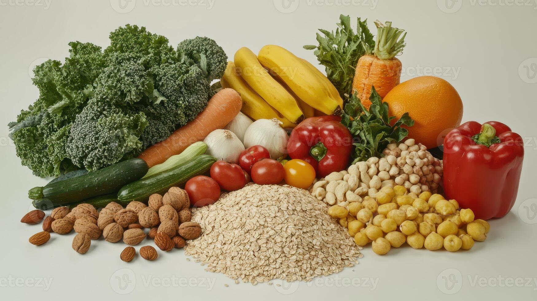 vistoso formación de Fresco frutas y vegetales desplegado en un neutral antecedentes para sano comiendo inspiración foto