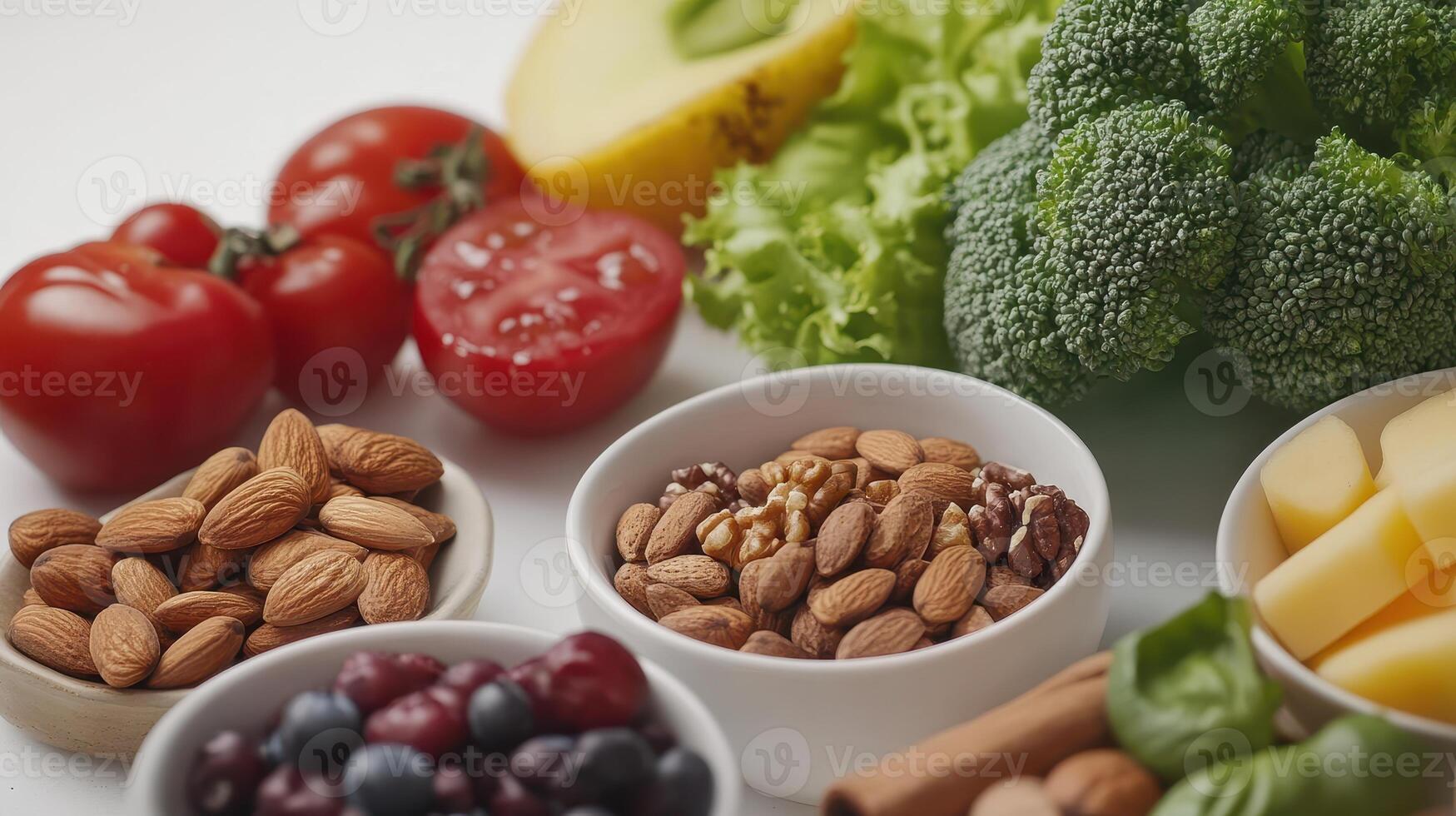 Fresh Produce and Nuts Displayed on a White Table With Bright Colors in a Well-Lit Kitchen photo