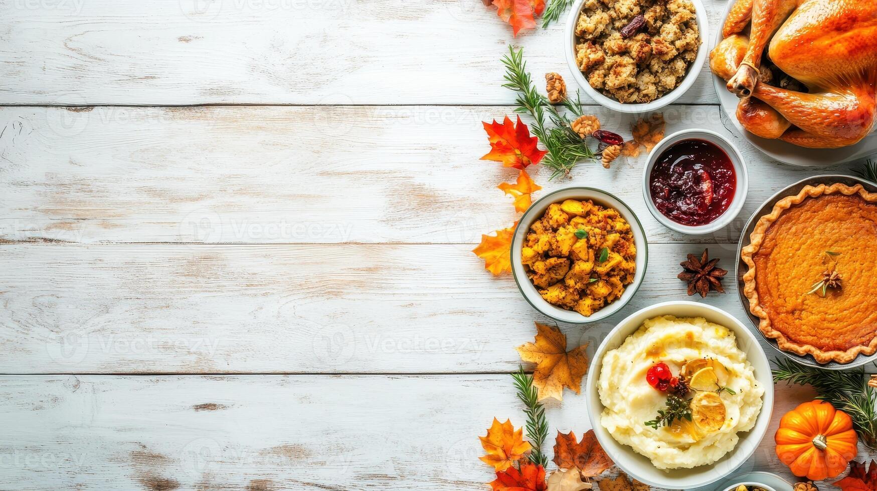 Delicious Thanksgiving Feast Featuring Turkey, Mashed Potatoes, and Pumpkin Pie on Rustic Wooden Table photo