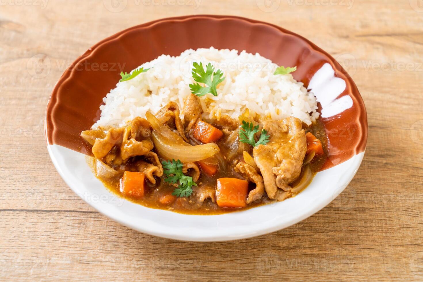 Japanese curry rice with sliced pork, carrot and onions photo