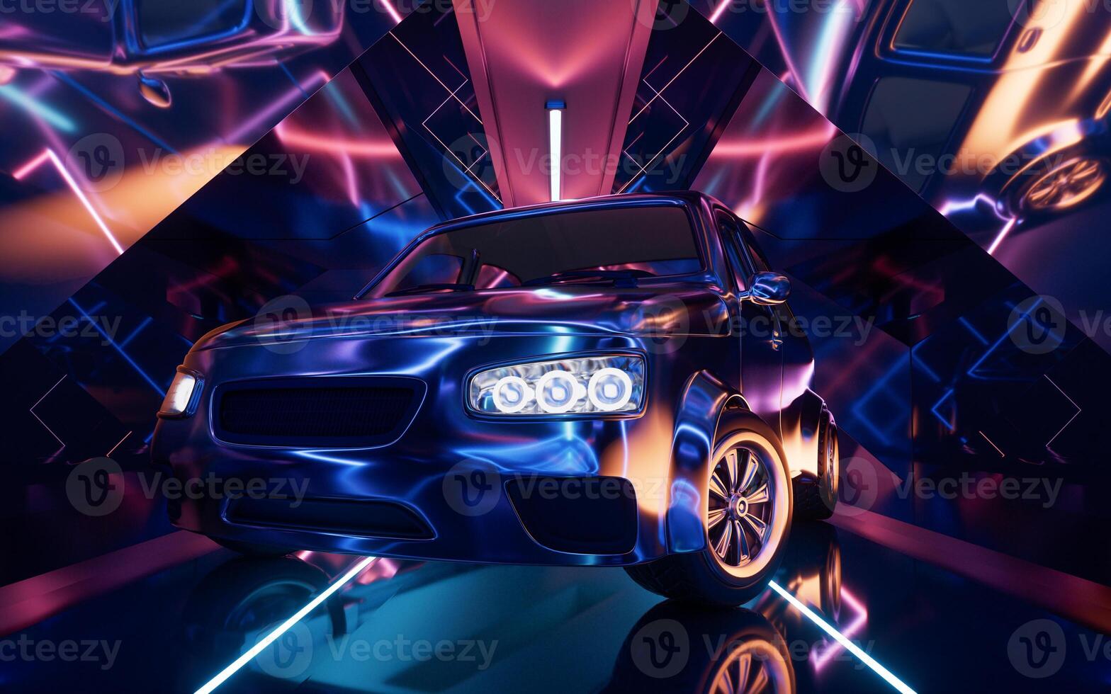 Car in the dark neon tunnel, 3d rendering. photo