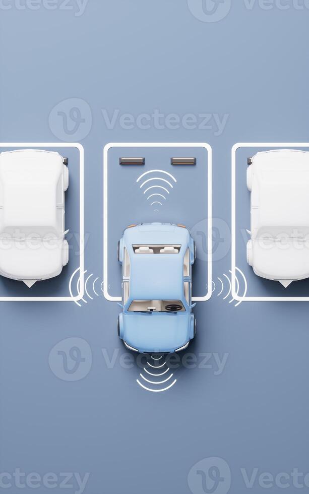 The car is parking automatically in a parking lot, 3d rendering. photo