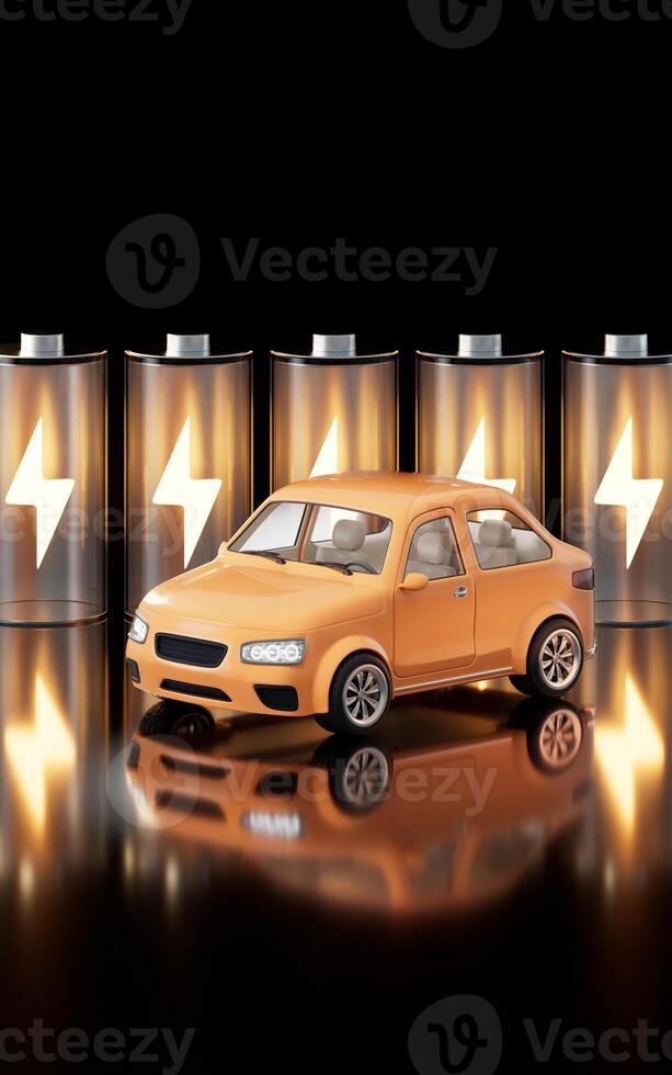 Realistic 3D style automobile car and new energy battery, 3d rendering. photo