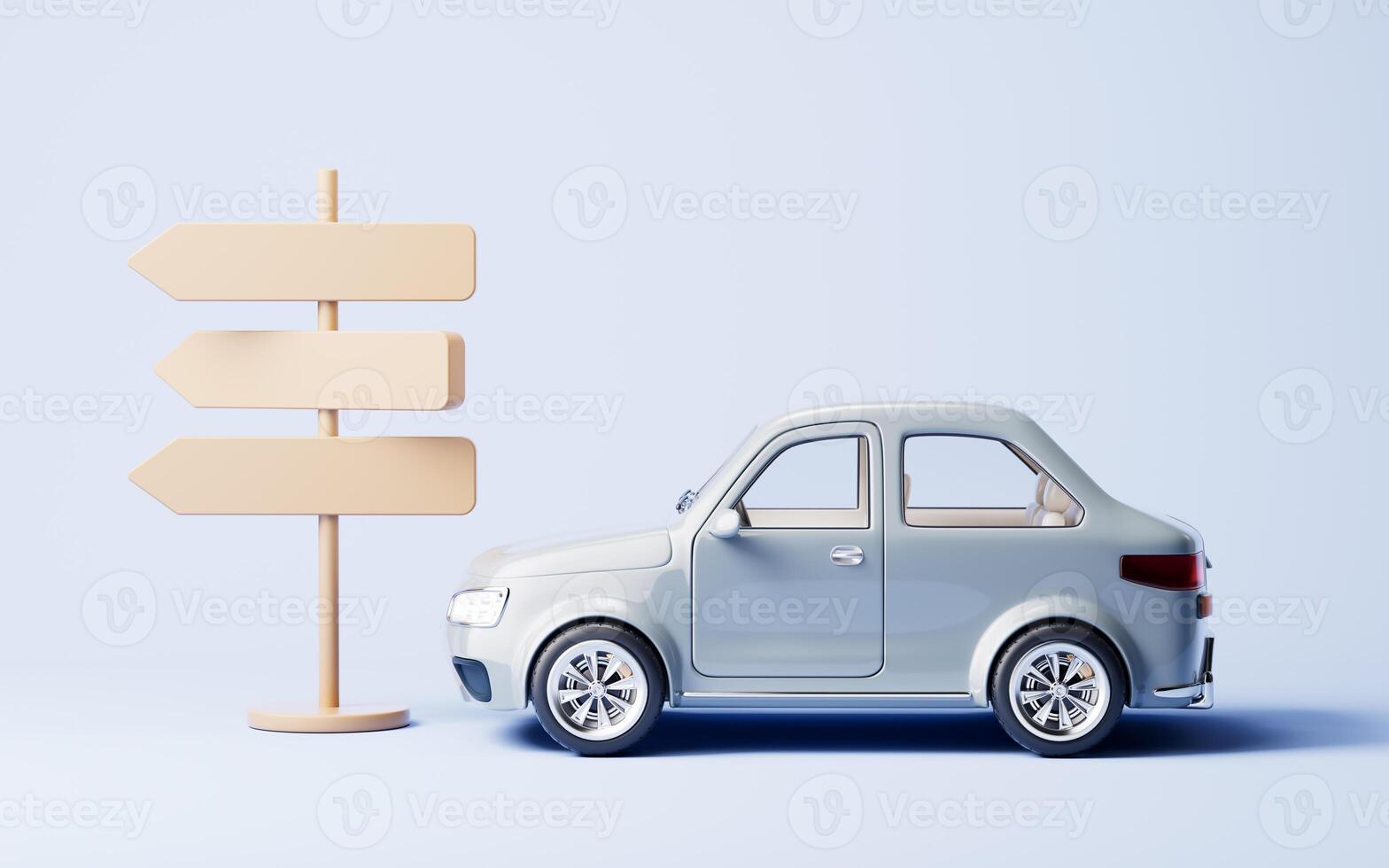 Realistic 3D style automobile car and road sign, 3d rendering. photo