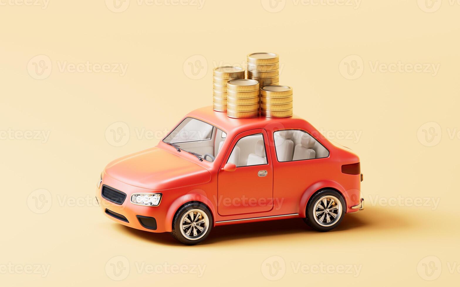 3D style automobile car and golden coins, 3d rendering. photo