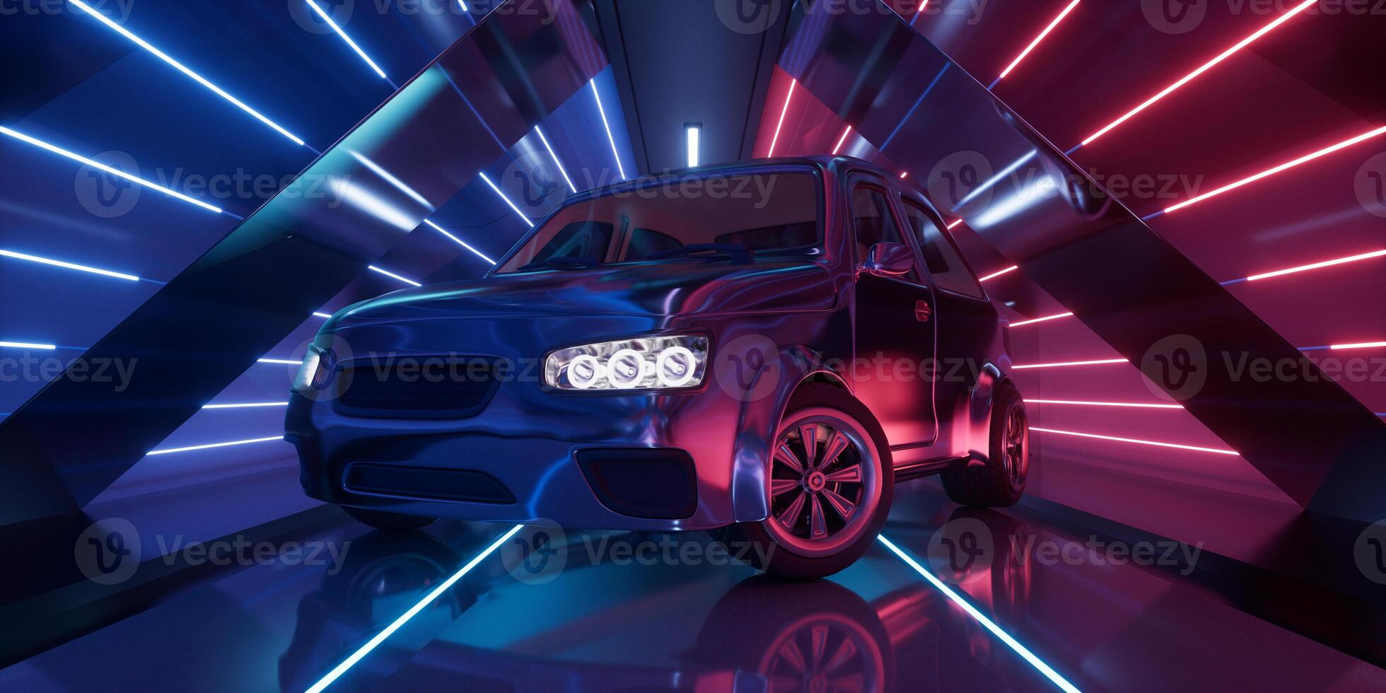 Car in the dark neon tunnel, 3d rendering. photo