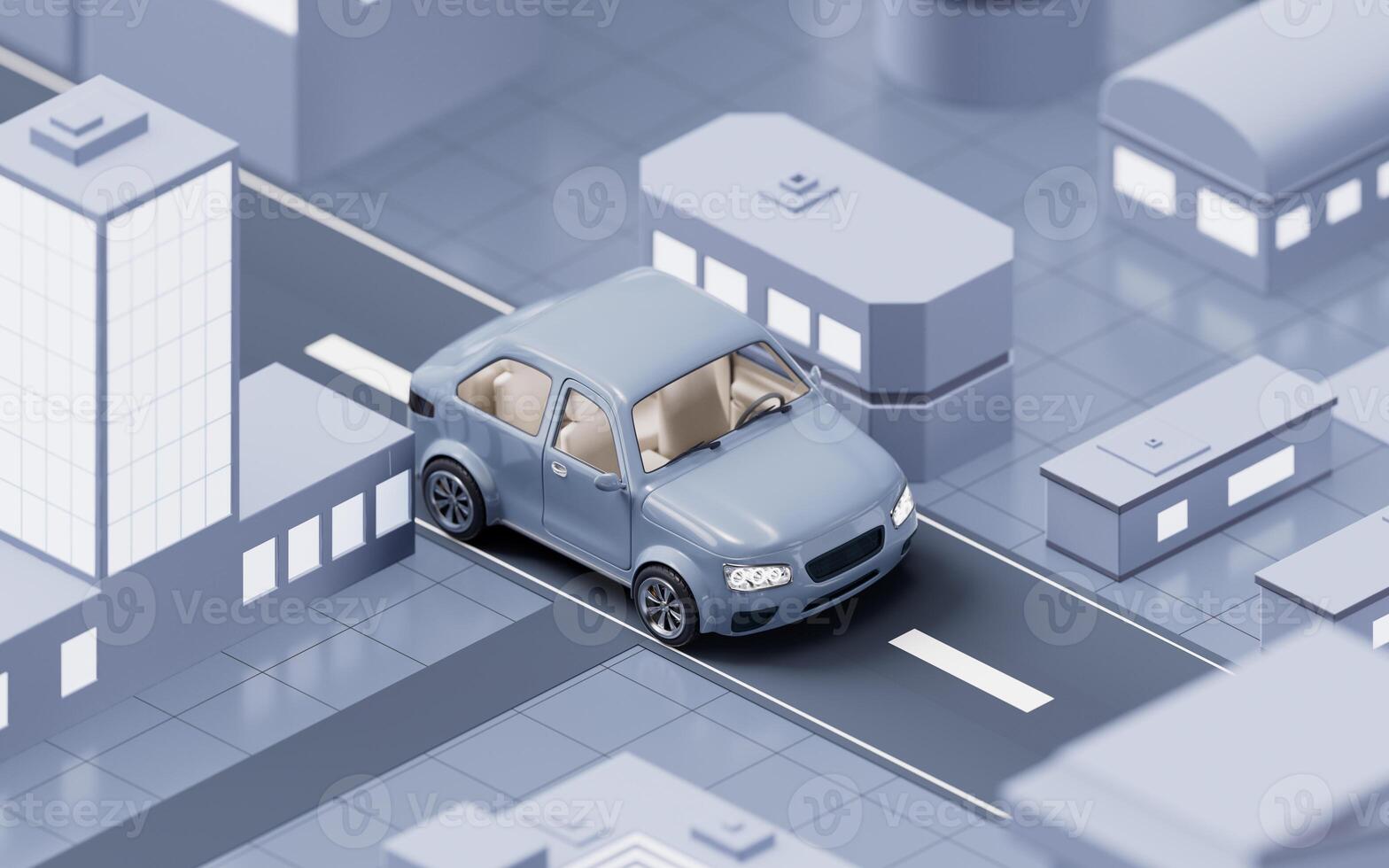 Automobile car driving on the city street, 3d rendering. photo