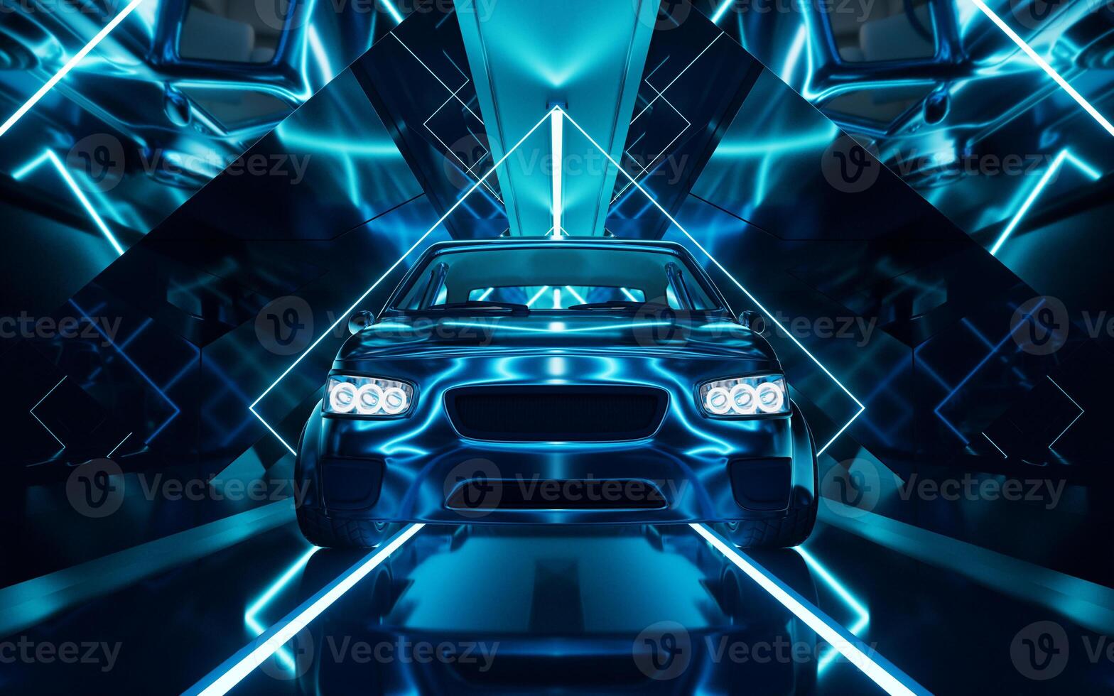 Car in the dark neon tunnel, 3d rendering. photo