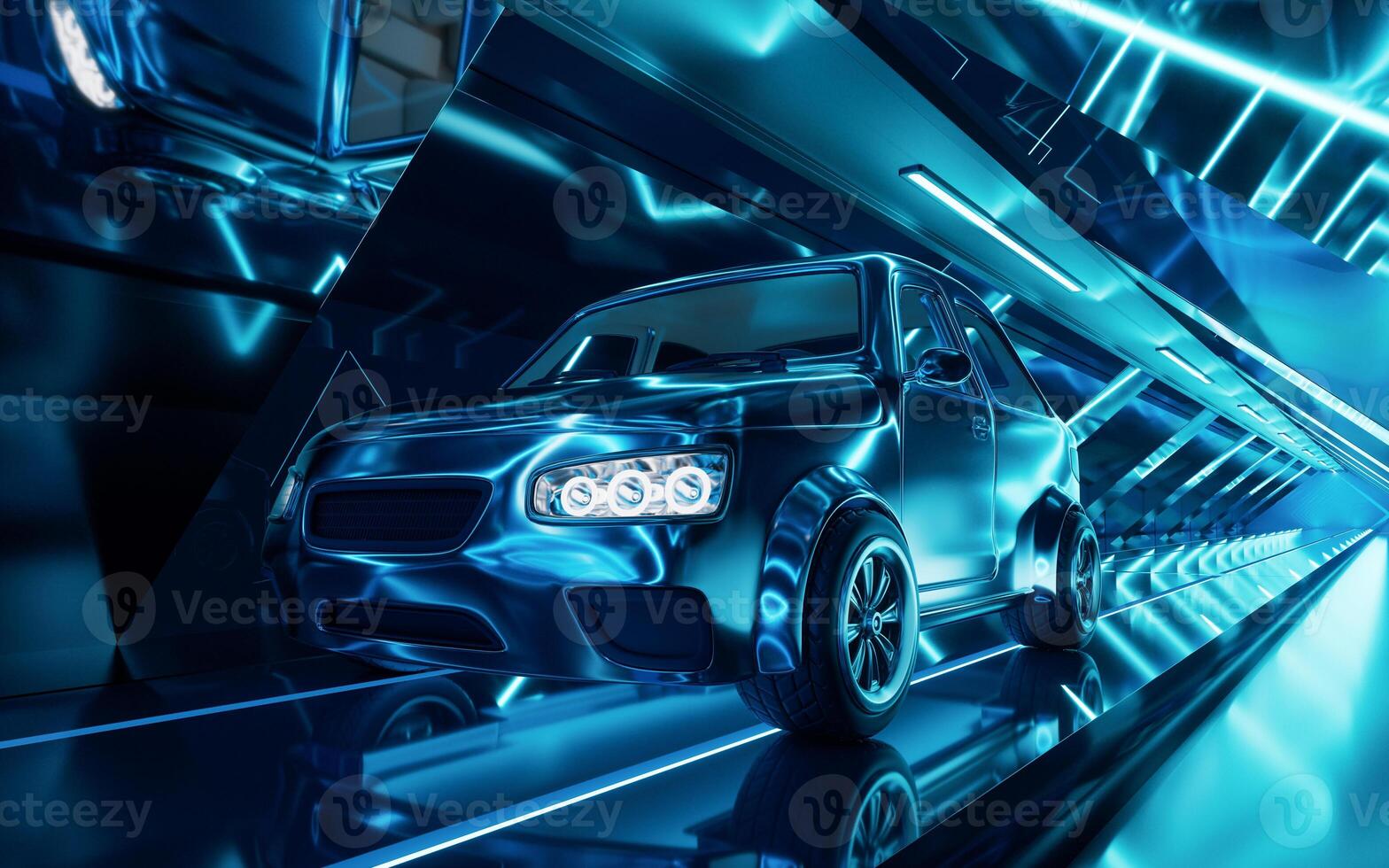 Car in the dark neon tunnel, 3d rendering. photo