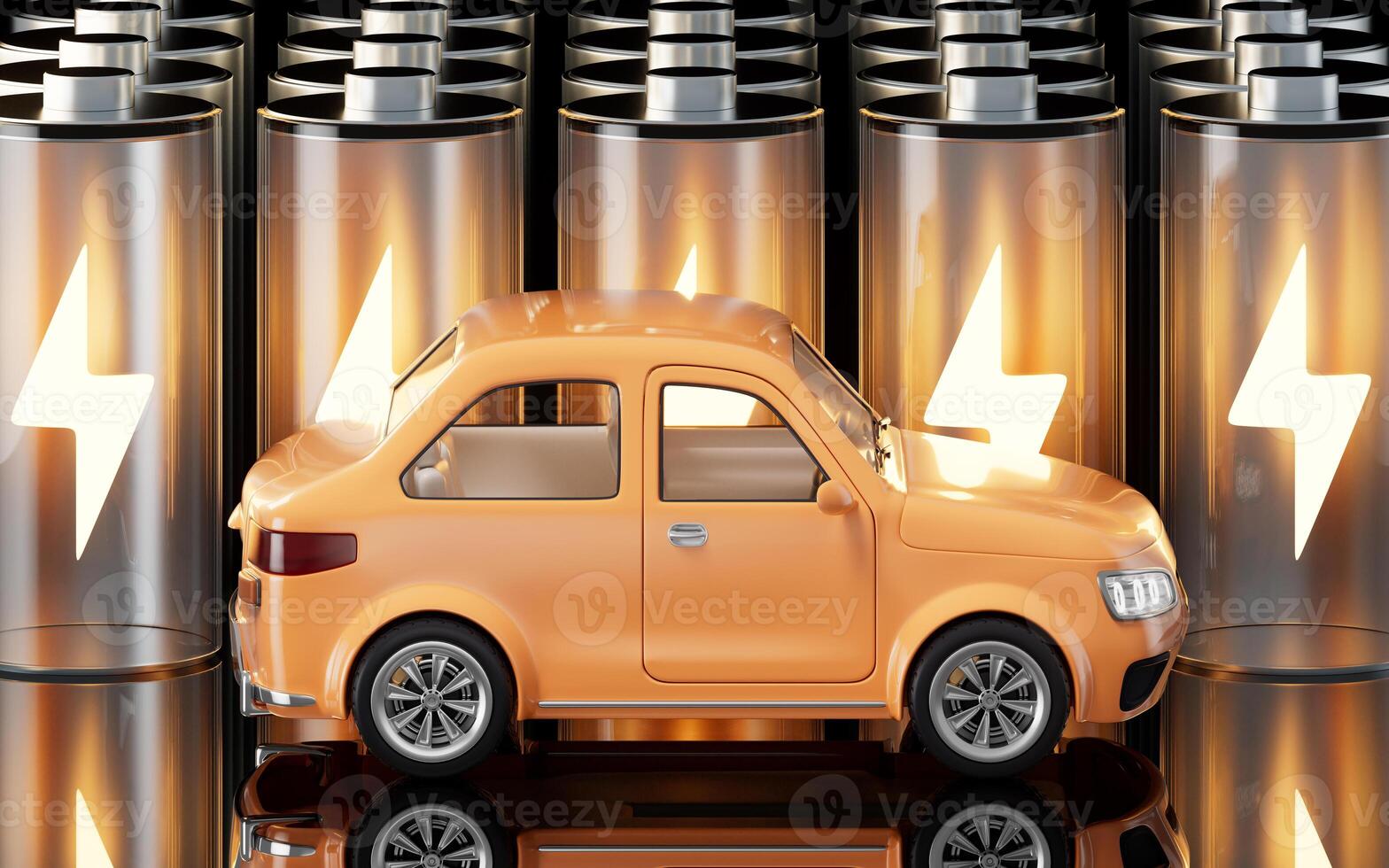 Realistic 3D style automobile car and new energy battery, 3d rendering. photo
