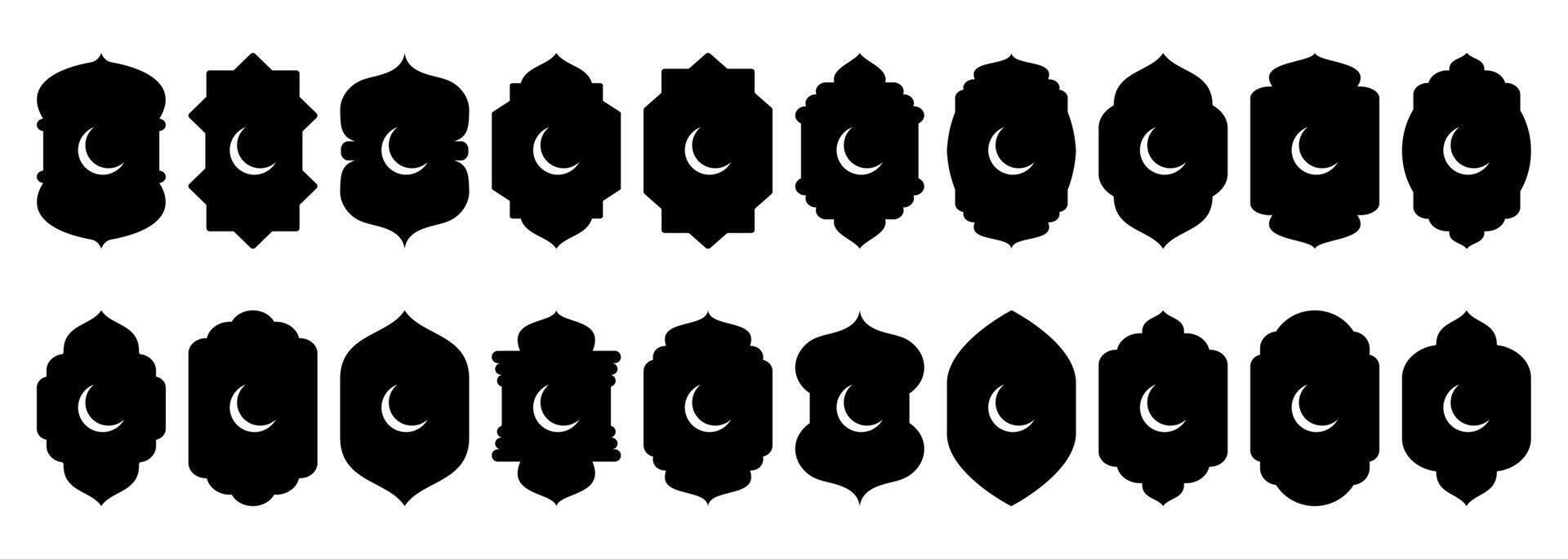 Shape Islamic door and window silhouette Arabic arch with crescent moon. Collection of patterns in oriental style. Frames in Arabic Muslim design for Ramadan Kareem. mosque gate isolated on vector