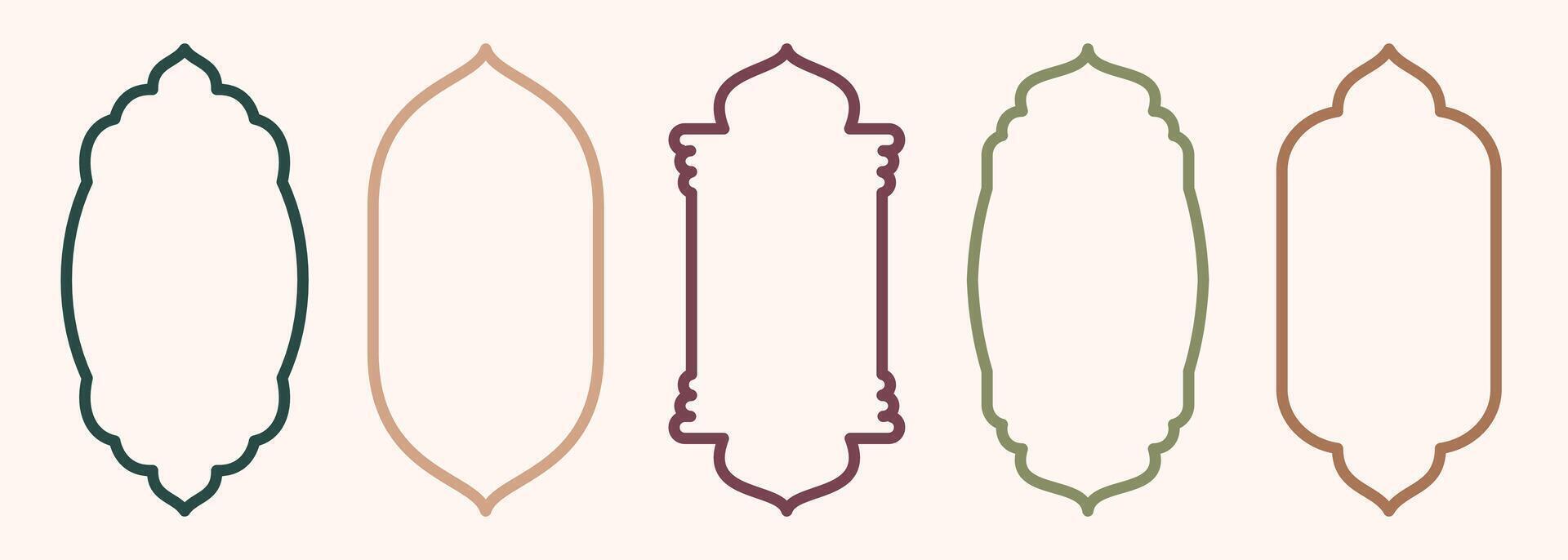 Shape Islamic door and window silhouette Arabic arch. Collection of patterns in oriental style. Frames in Arabic Muslim design for Ramadan Kareem. mosque gate stroke isolated on white vector