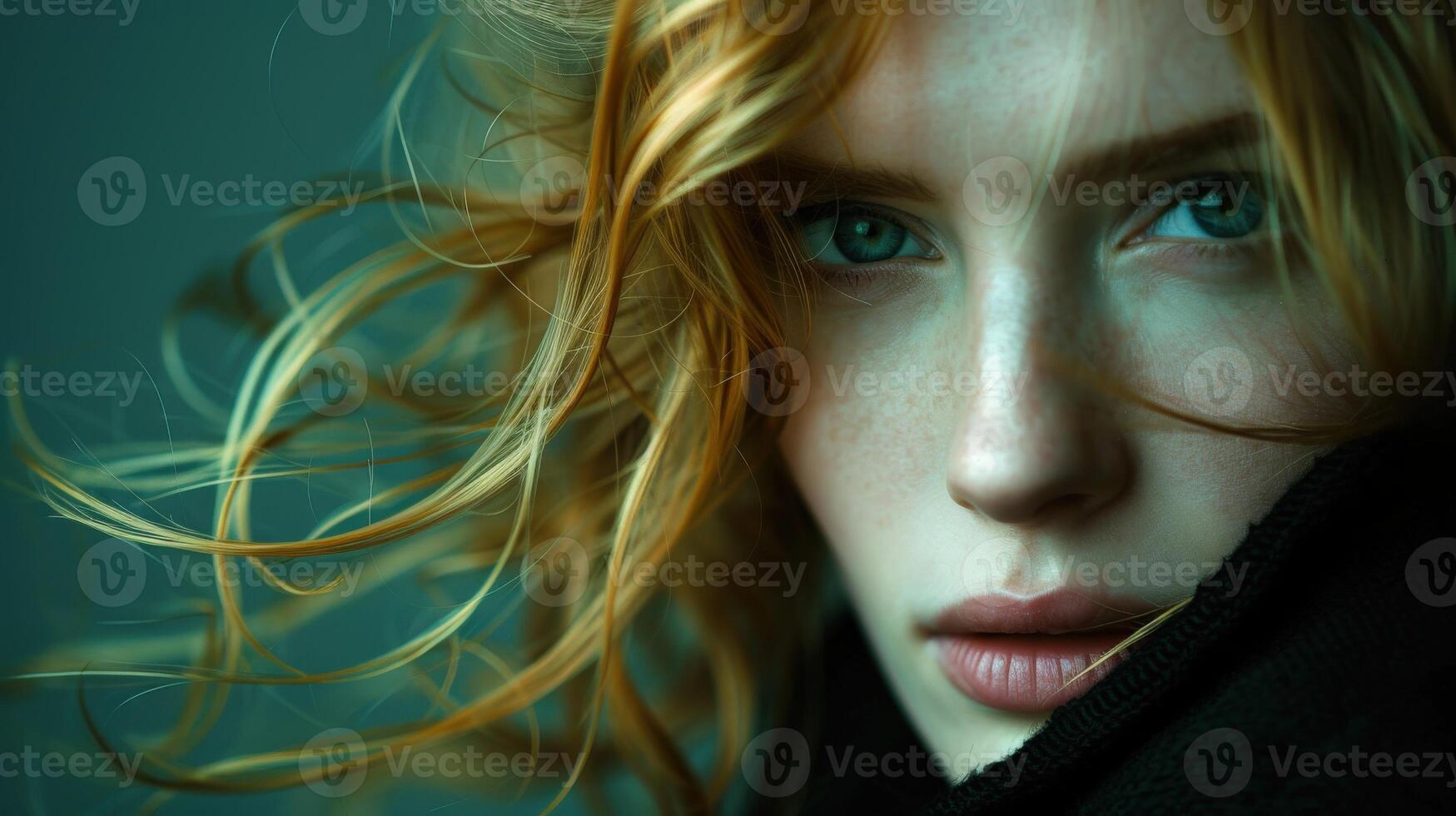 Portrait of a Young Woman With Flowing Red Hair in a Soft Breeze photo