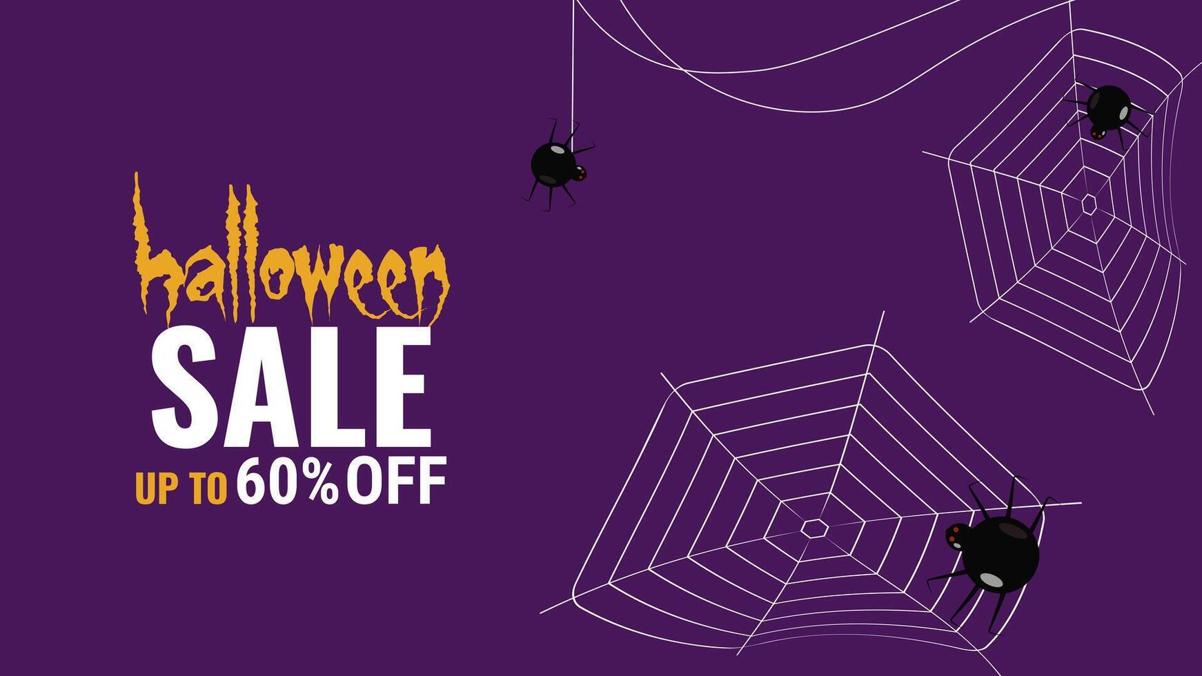 Halloween sale promo banner template offer design. Spiders crawl on web. Festive creepy design poster website. illustration. vector