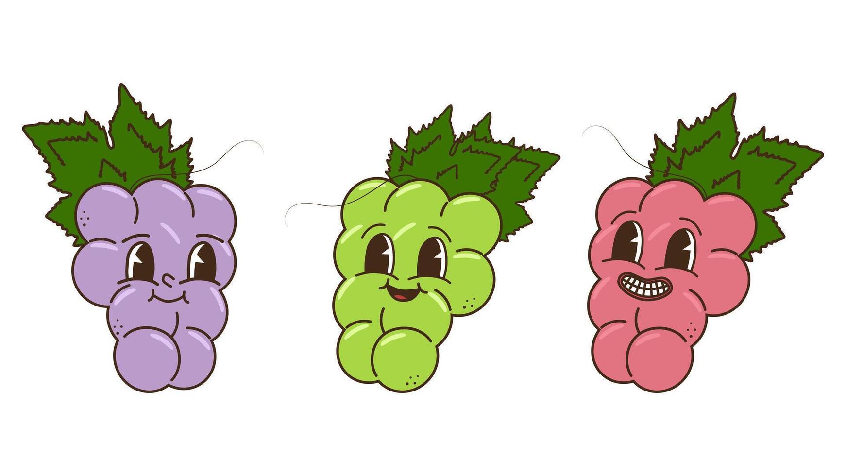 Fruits and berries in groovy style set. Grapes are different colors. Characters trendy retro, comic mascot. Design banner poster. Y2k Hippie 70s, 80s. illustration. vector