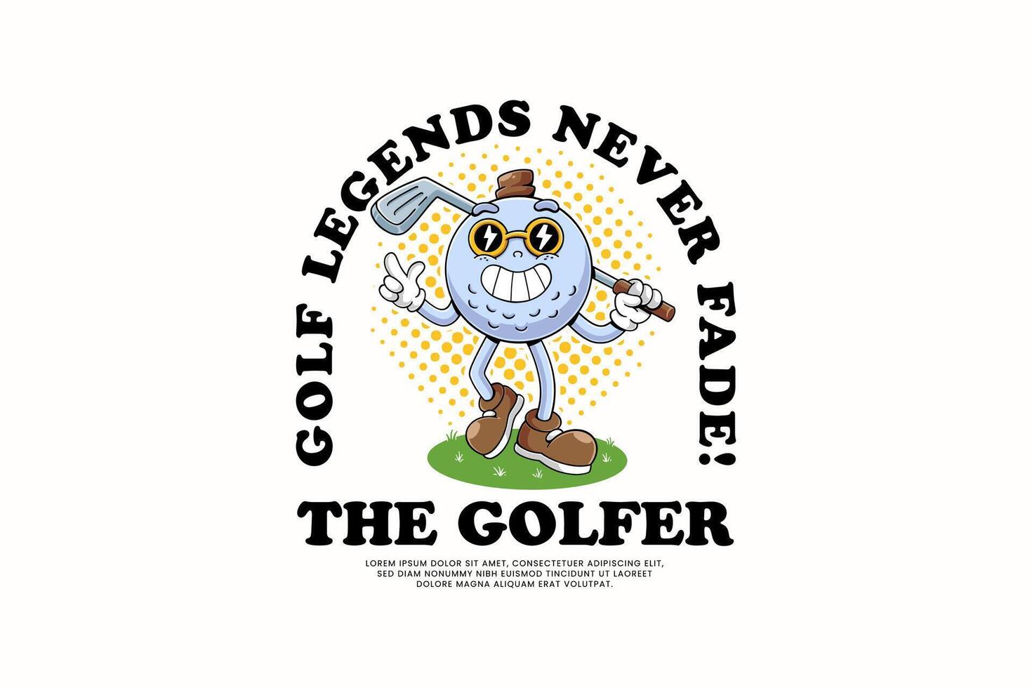 golf ball retro cartoon character mascot illustration wearing a hat and sunglasses with walking pose and holding stick golf on green field for golf club and tournament mascots and merchandise vector