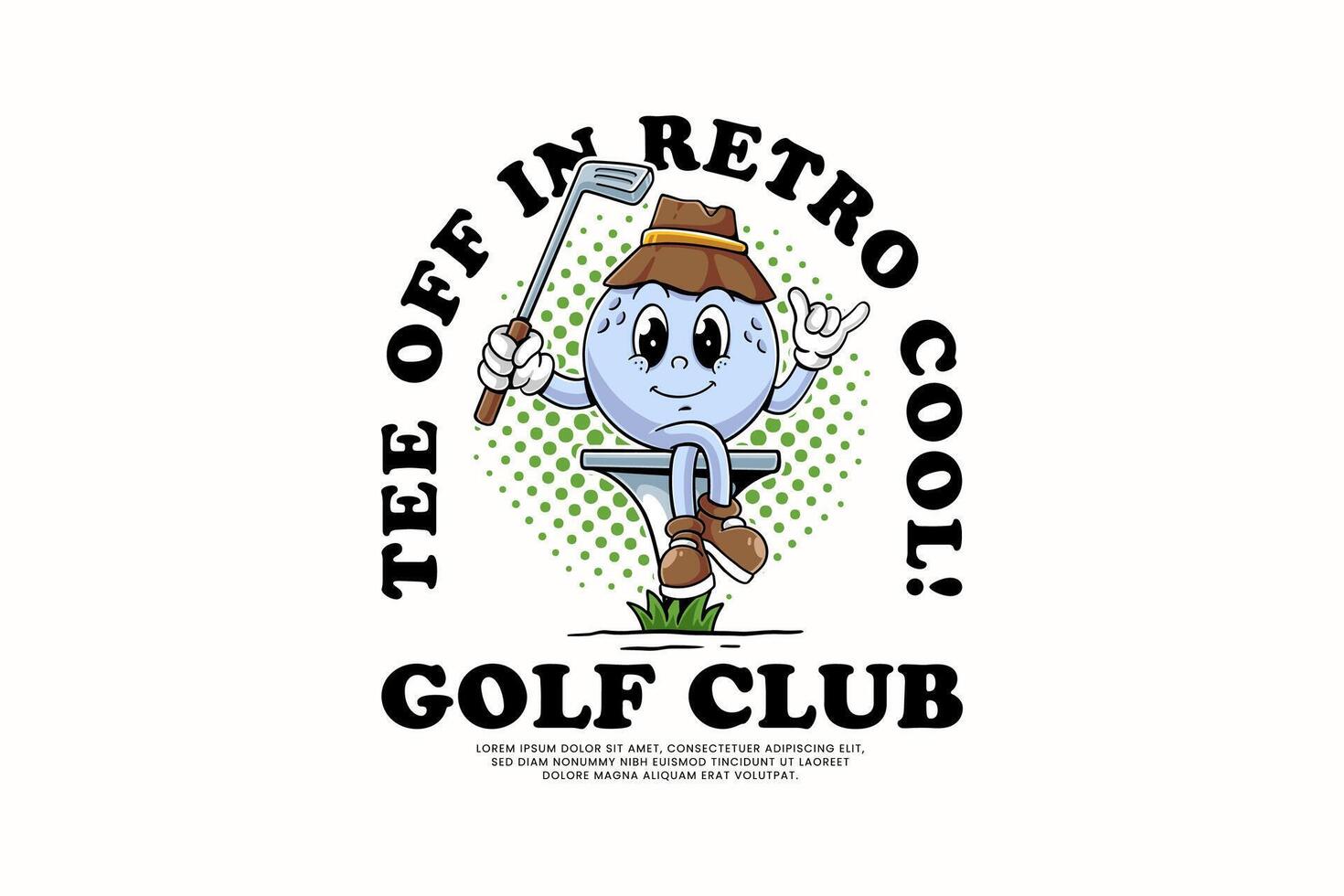 funny golf ball retro groovy cartoon character mascot illustration wearing a hat with holding stick golf and sitting on a tee for golf club and tournament mascots and merchandise vector