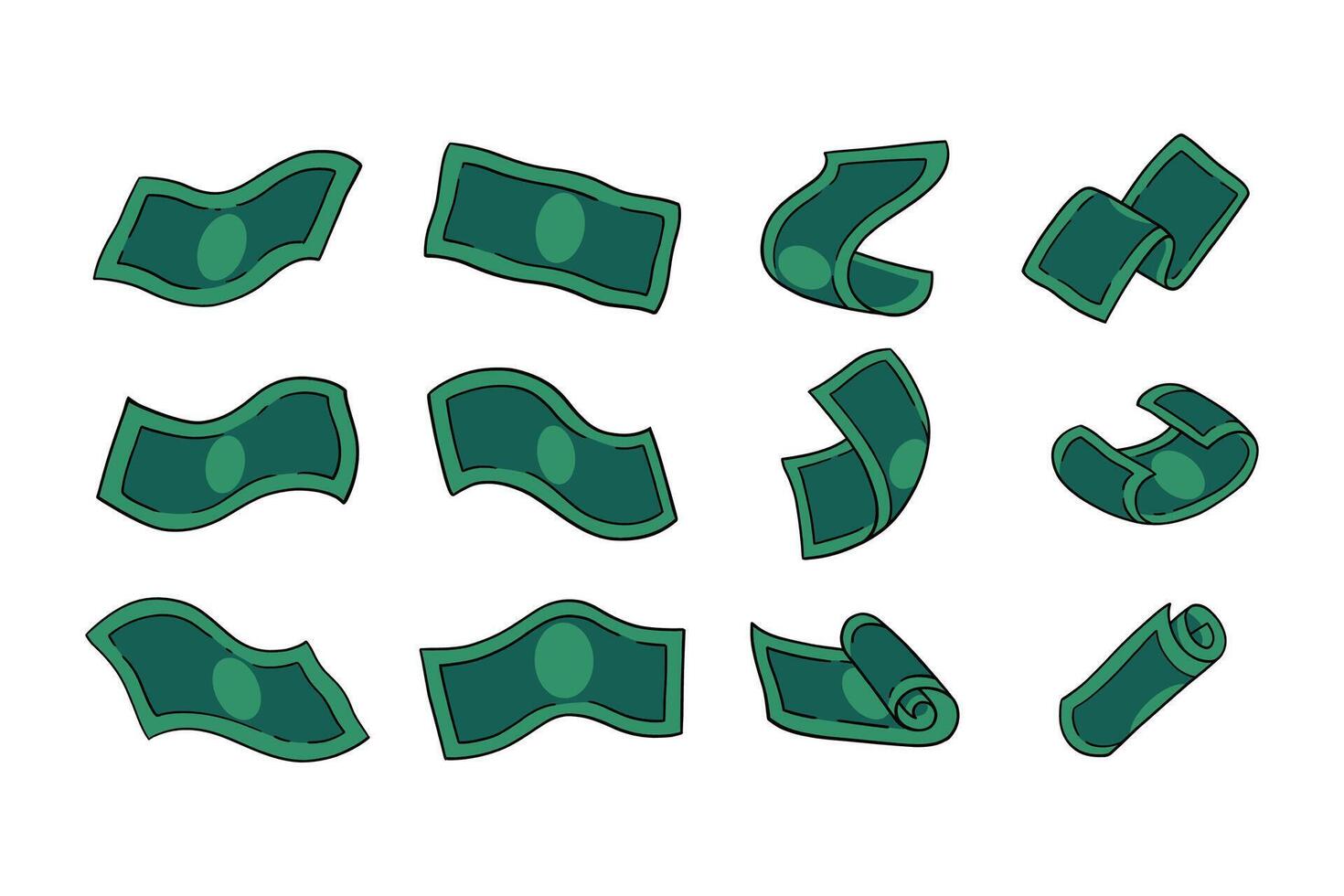 doodle money colorful element design set for print and finance business. set of doodle cash flow. raining dollar cartoon illustration. green falling money sign symbol flat design . vector