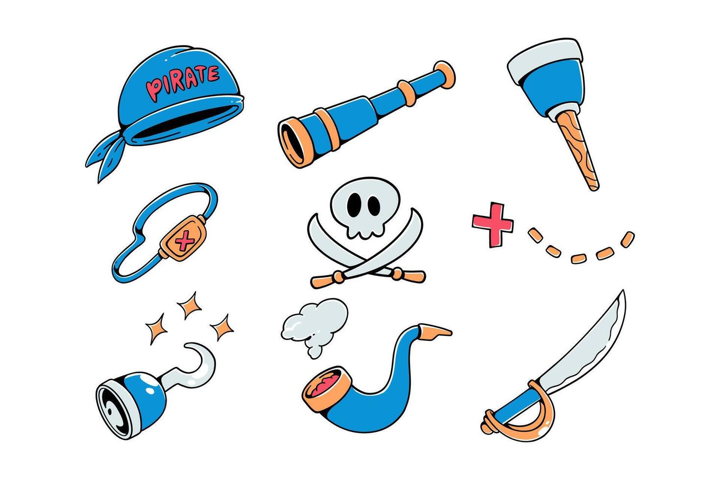 set of pirate supplies colorful doodle illustration element designs with hat, eye patch, prosthetic leg, hammer hand, sword, skull and smoking pipe cartoon symbol for kids print and supplies vector