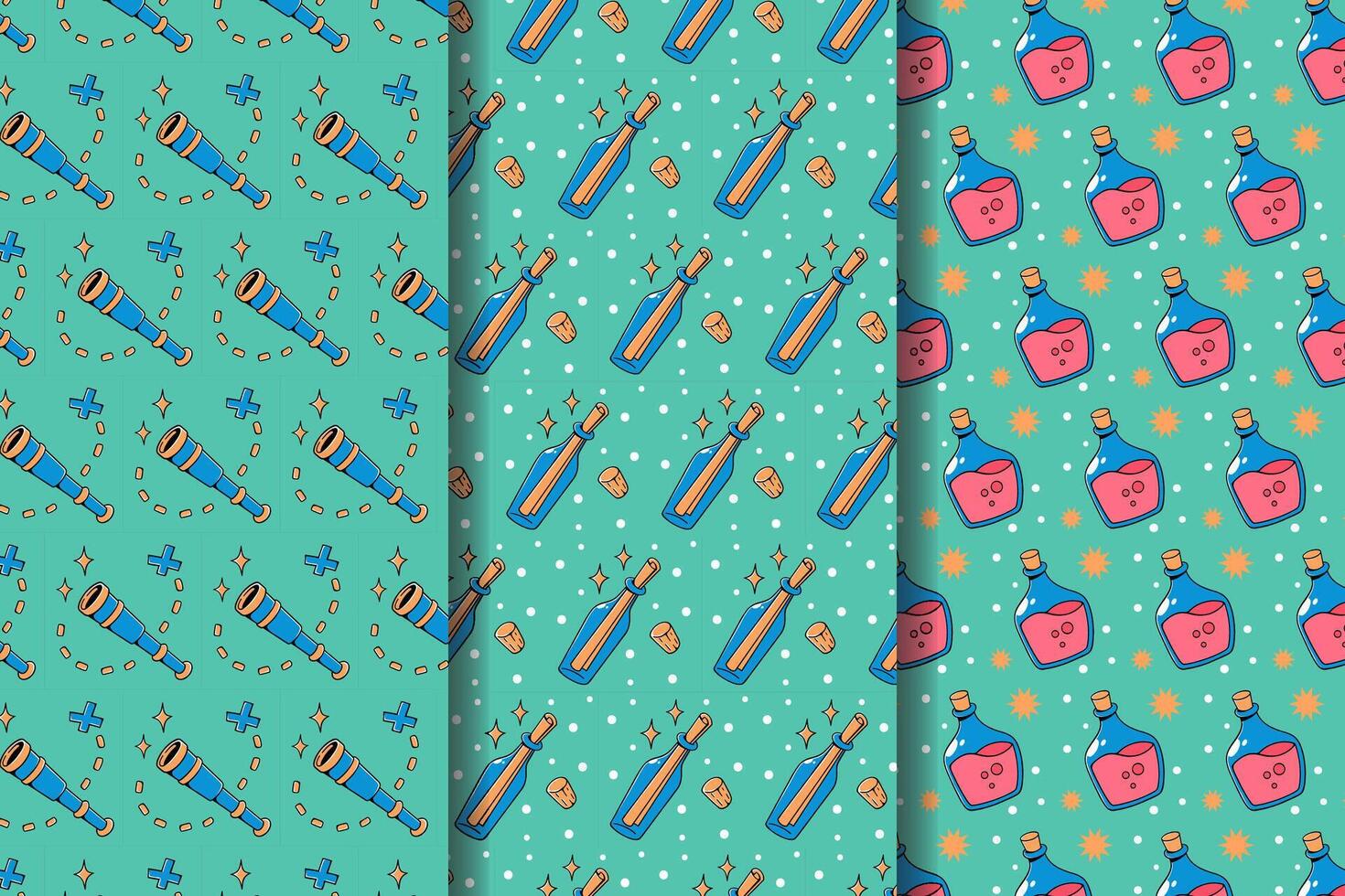 set of pirate marine supply doodle seamless pattern on green background with pirate binoculars, treasure, map, bottle, beer, star illustration designs for kids print and packaging vector