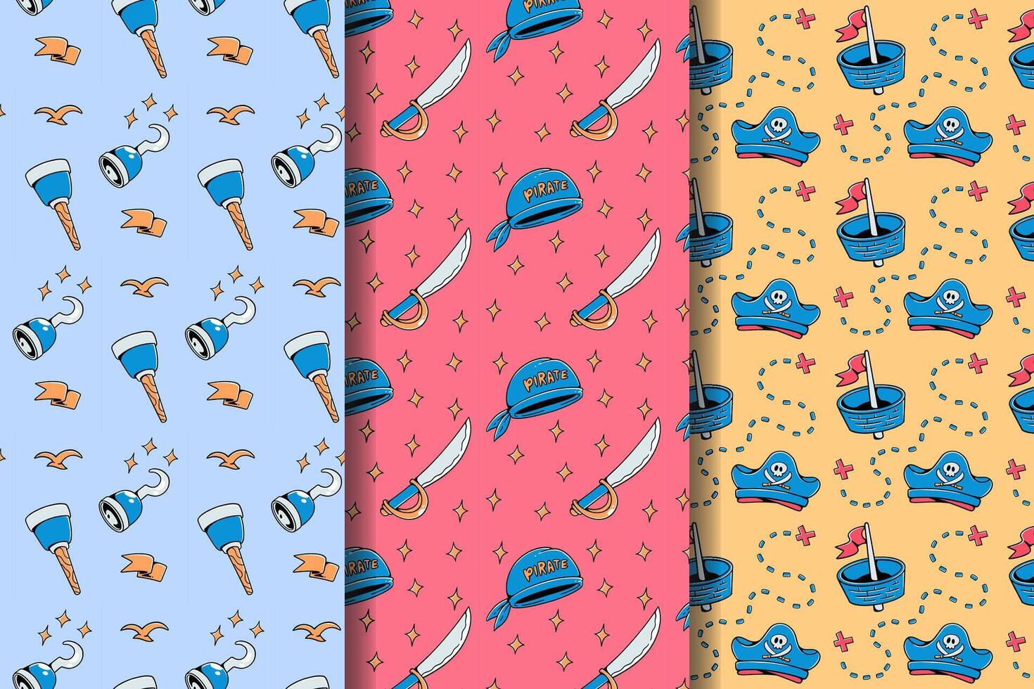 set of pirate marine supply doodle seamless pattern on blue, red, yellow background with pirate hat, bandana, leg, sword, treasure, flag, bird, hook illustration designs for kids print and packaging vector