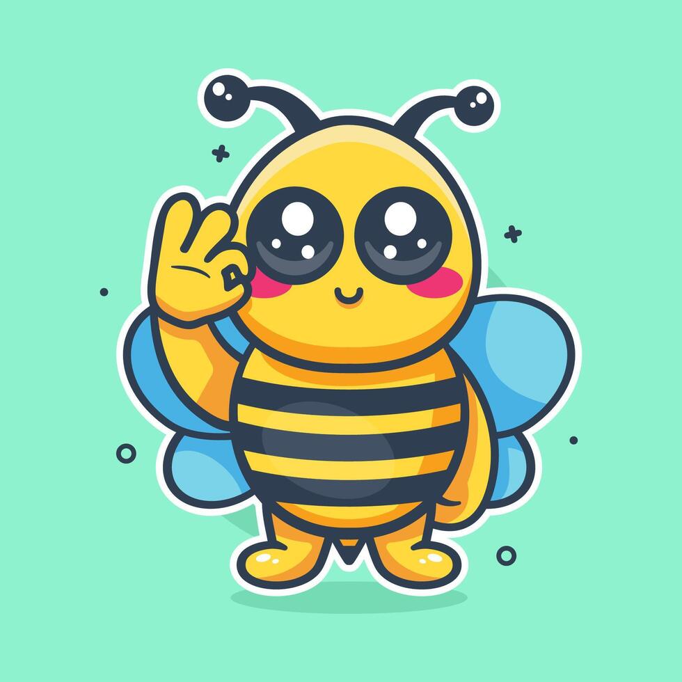smiling bee animal character mascot with ok sign hand gesture isolated cartoon vector